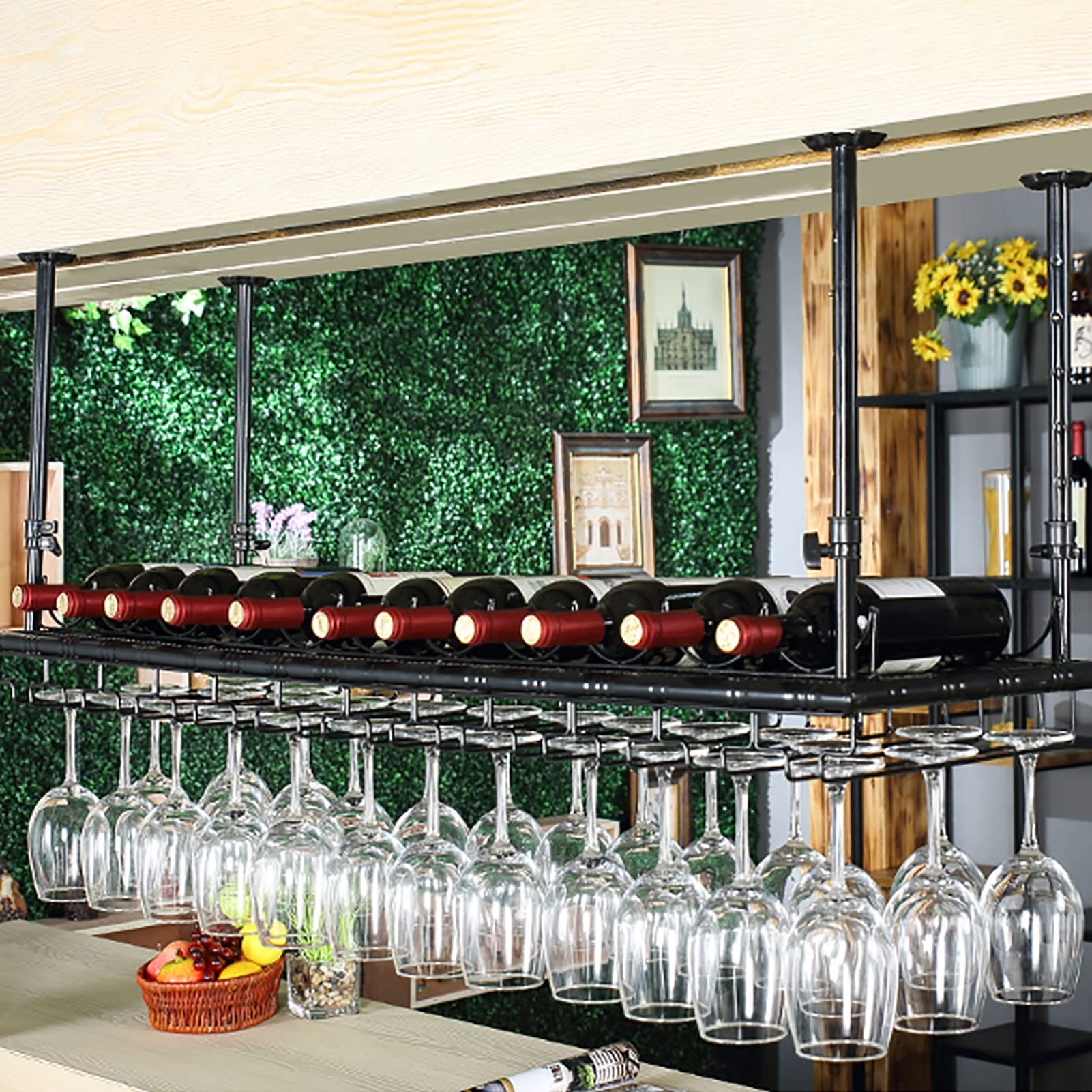Stylish Ceiling-Mounted Wine Bottle Holder & Glass Rack - Adjustable Height (100x35cm) for Bar, Kitchen, Restaurant - Perfect for Wine Storage and Decorative Display