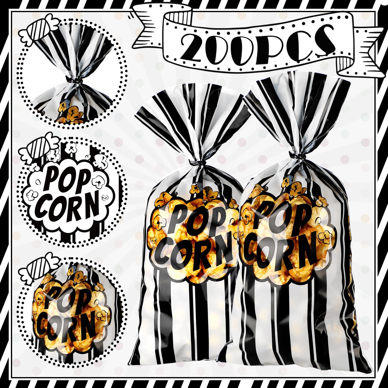 200pcs Popcorn Bags for Movie Night & Parties - Black White Stripe with Twist Ties