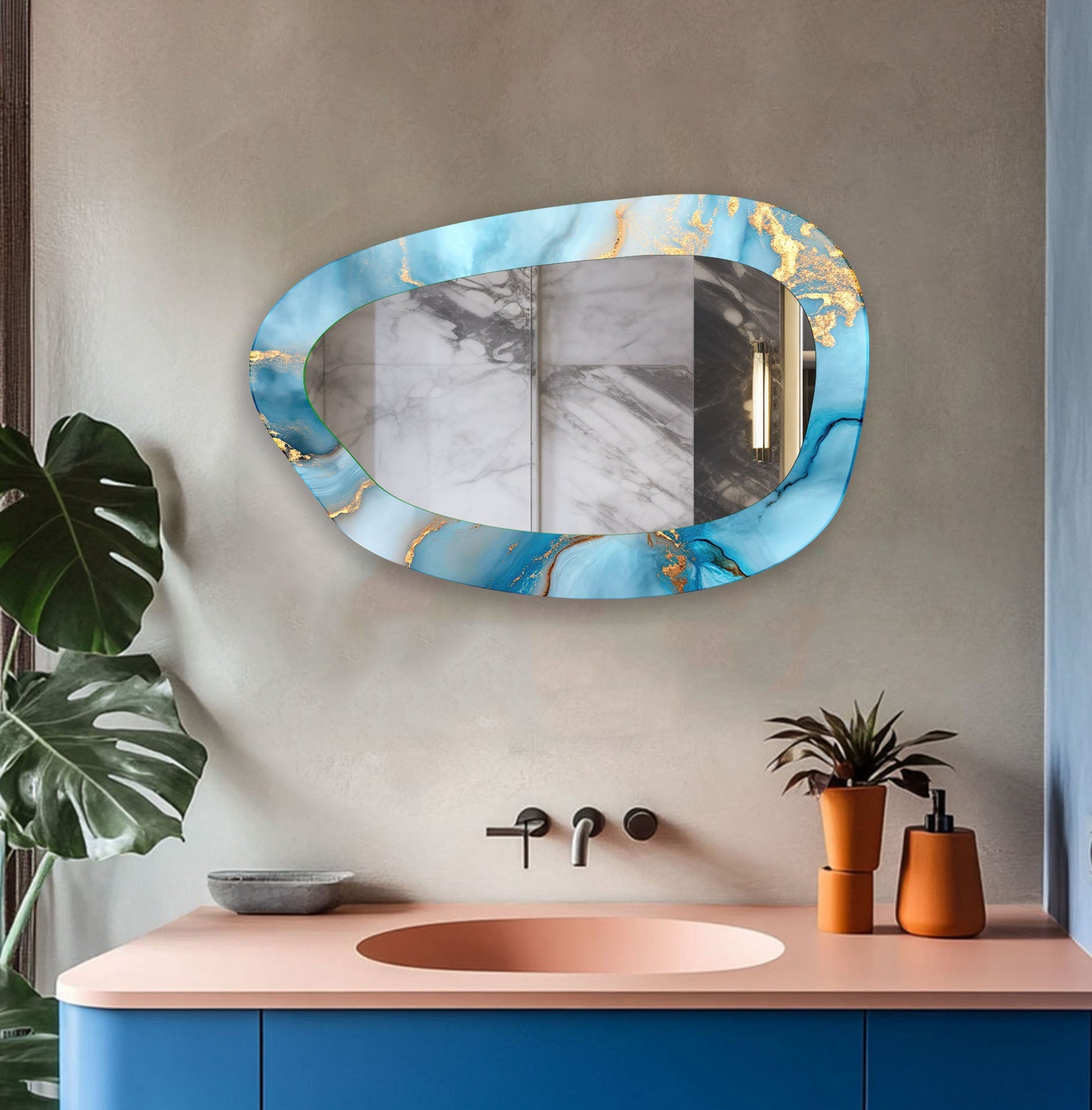 Blue Alcohol Ink Large Aesthetic Wall Mirror - Modern Boho Decor for Living Room, Bedroom & Bathroom | Handmade Unique Statement Piece for Home Decor