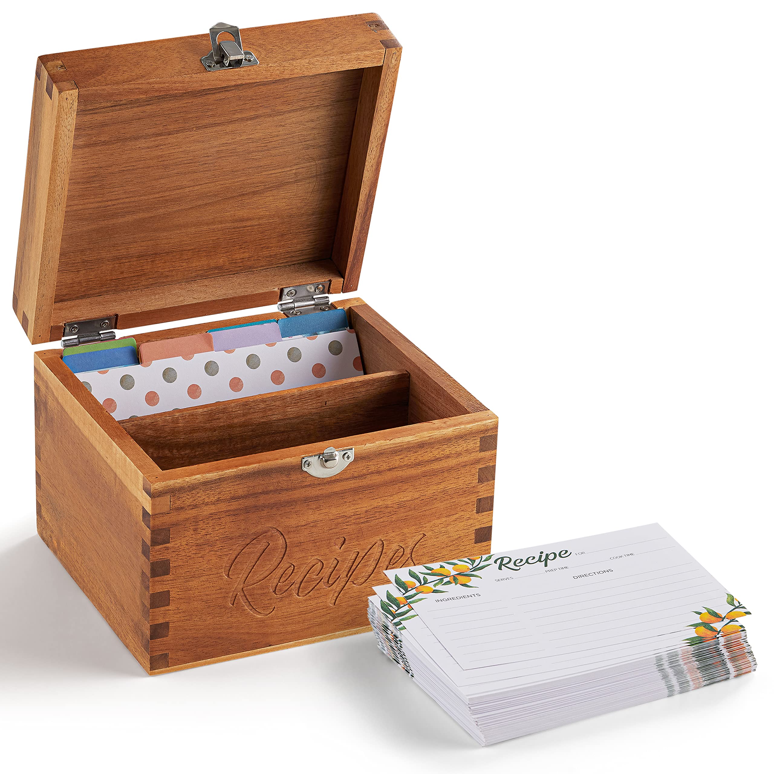 Acacia Wood Recipe Box with 50 Blank 4x6 Recipe Cards & 8 Dividers - Handcrafted Wooden Recipe Organizer for Kitchen, Home Cooking & Gift Giving