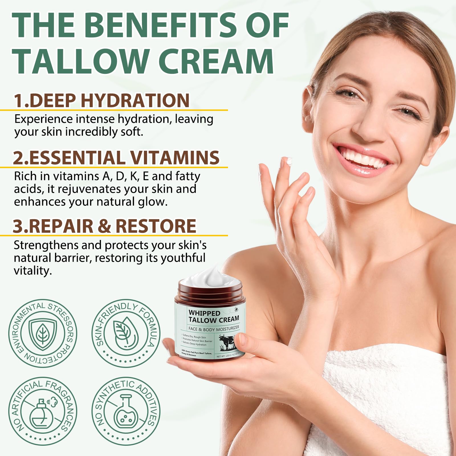 Organic Grass-Fed Whipped Beef Tallow & Honey Cream - 4.2 oz Natural Face & Body Moisturizer for Dry, Aging Skin | Deep Hydration Tallow Balm with Honey | Perfect for Night Routine, Sensitive Skin Care & Anti-Aging Regimen