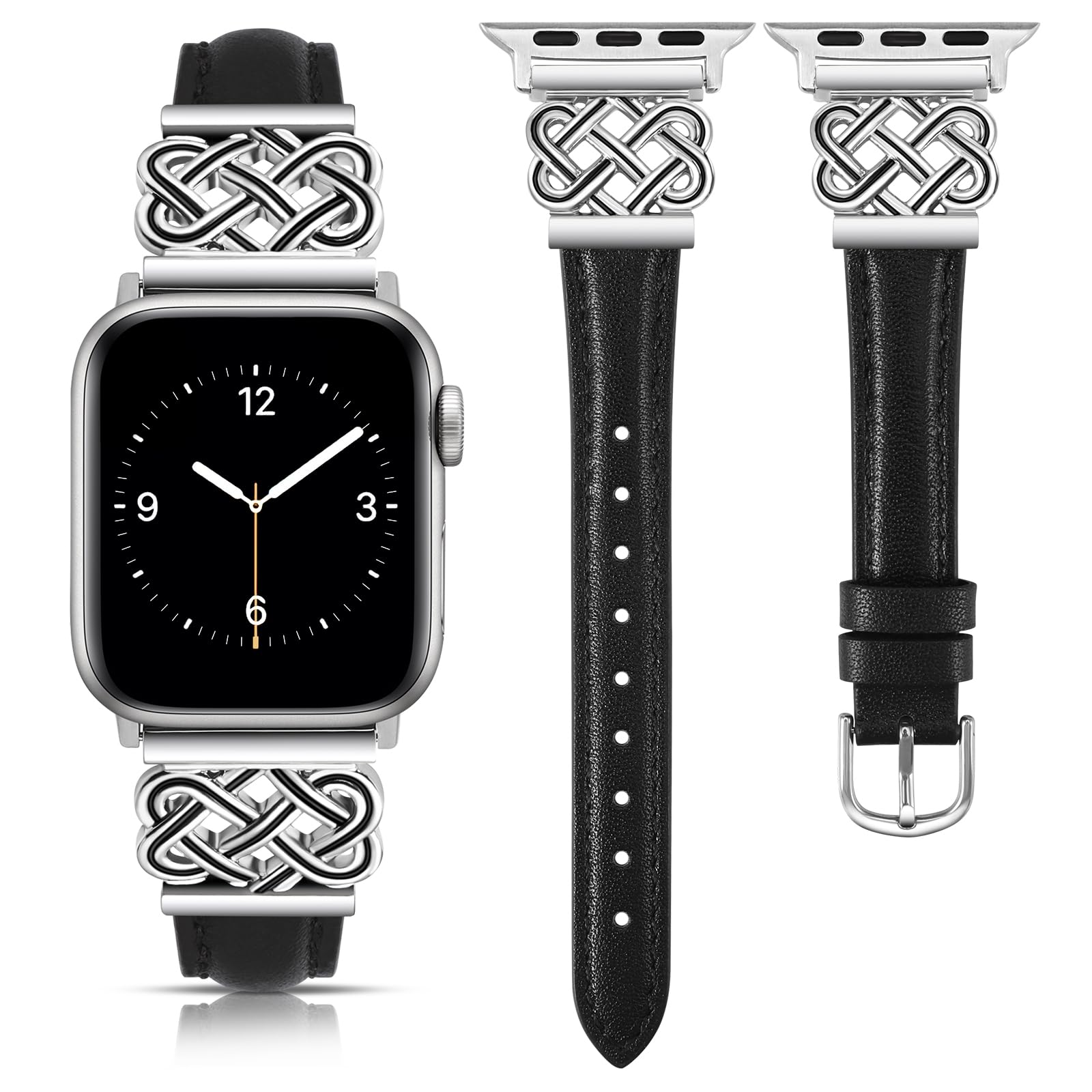 Premium Genuine Leather Apple Watch Band for Women - Compatible with 38/40/41/42mm iWatch Series 10/9/SE/8/7/6/5/4/3/2/1 - Slim Dressy Bracelet with Metal Buckle (Black/Silver) - Perfect for Work, Date Night & Formal Occasions