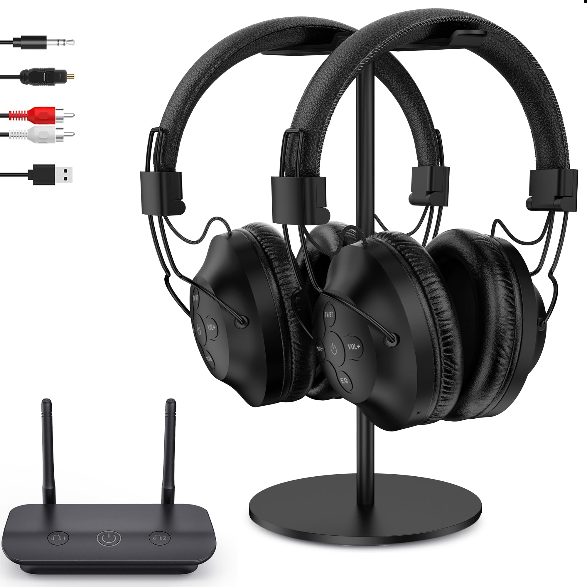 ROSIDA Dual Wireless Headphones for TV Watching - 295FT Range with Optical/AUX/RCA/USB - High Volume Control & Long Battery Life - No Delay Bluetooth Headset with Transmitter & Stand - Perfect for Seniors, Late Night Viewing & Hearing Impaired (Black)