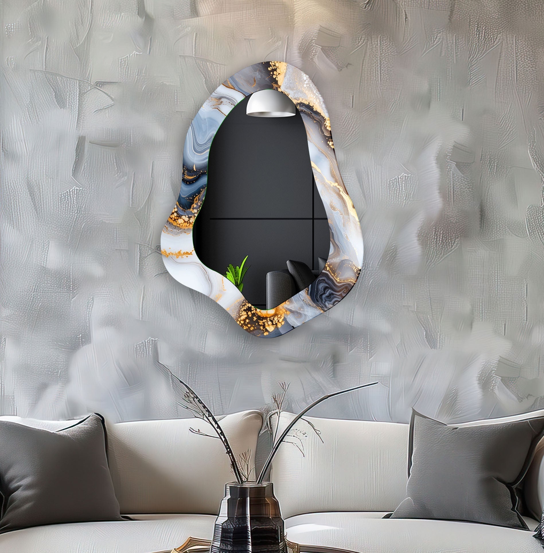 Handmade Asymmetrical Grey Alcohol Ink Wall Mirror - Unique Home Decor for Living Room, Bedroom, or Bathroom - Modern Abstract Art Piece for Wall Hanging
