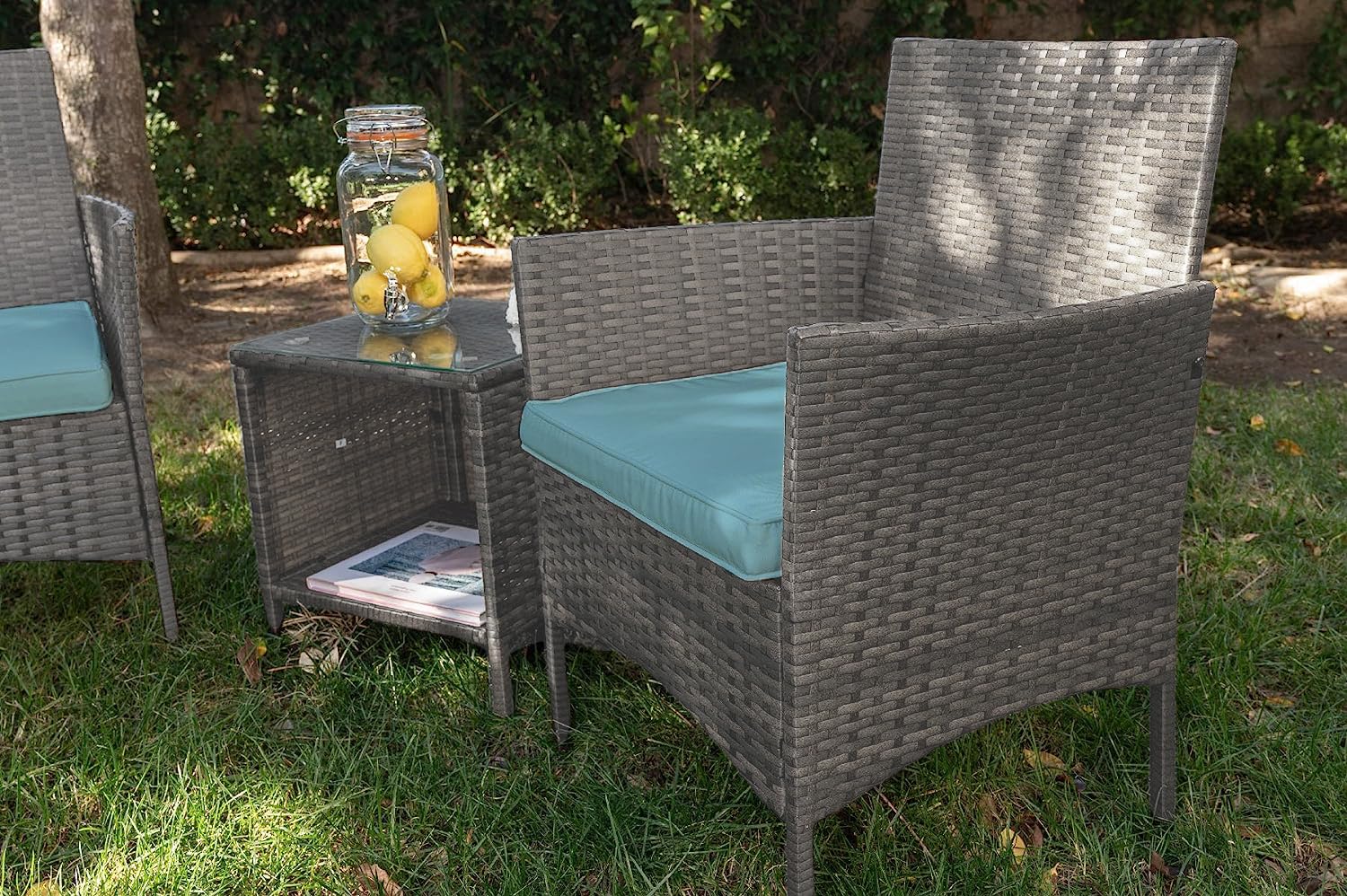 Barton 3-Piece Wicker Patio Furniture Set with Glass Table - Modern Rattan Outdoor Conversation Seating in Aqua - Perfect for Garden, Poolside, and Backyard Relaxation