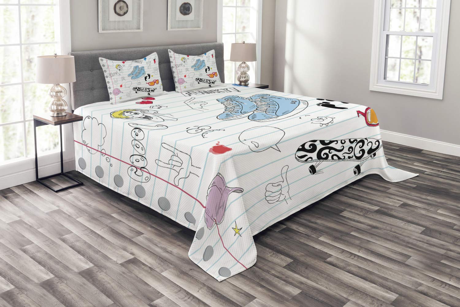 Ambesonne Hipster 3-Piece Queen Size Bedspread Set - Funky Notebook Design with Skateboard & Shooting Star Prints, Black Pale Blue Ginger - Perfect for Bohemian & Retro Bedroom Decor