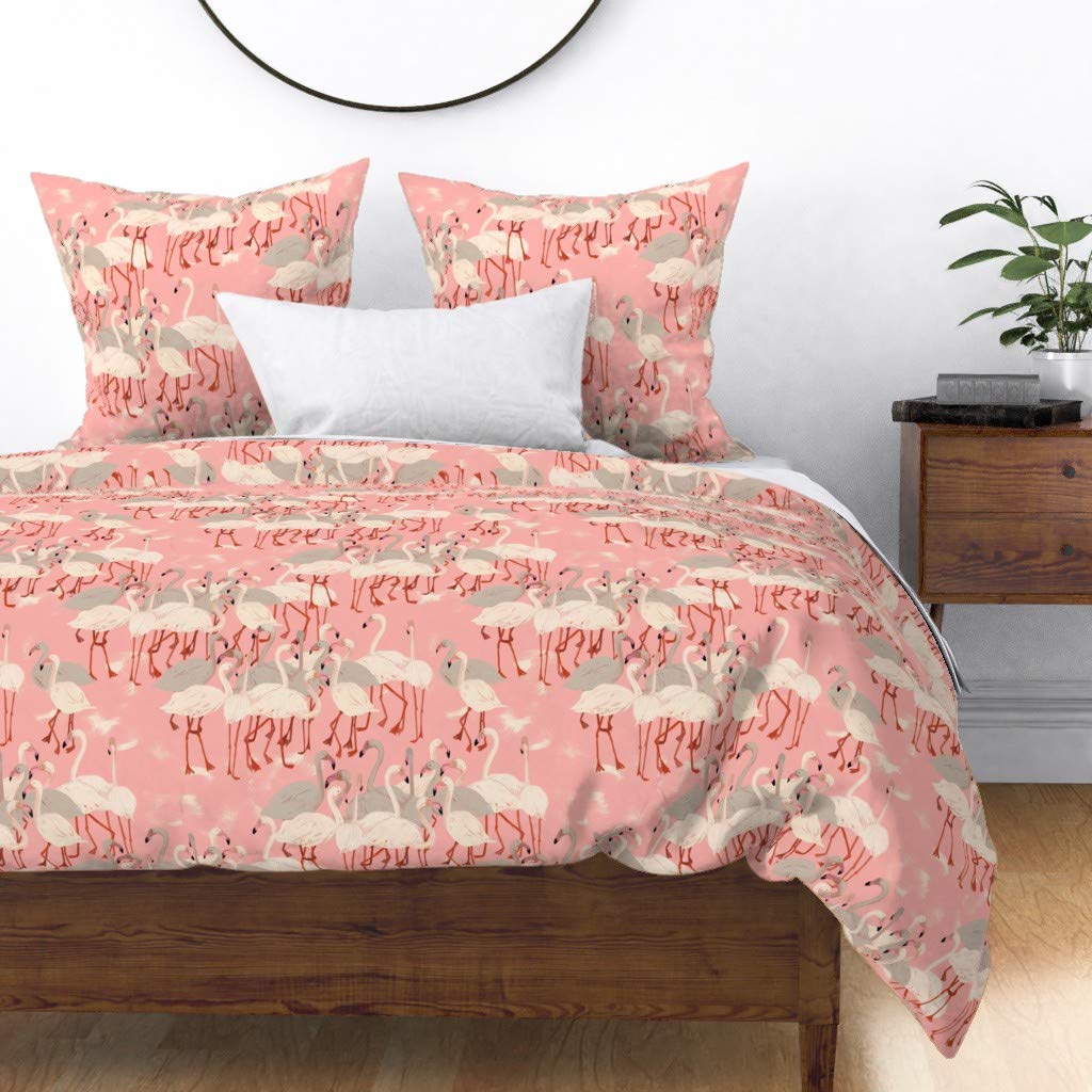 Flamingo Party Tropical Print Cotton Sateen Duvet Cover King/California King Size | Hand-Drawn Bird & Palm Tree Design | Coral Island Theme Custom Bedding Set for Florida Beach House Decor & Feminine Bedroom Style
