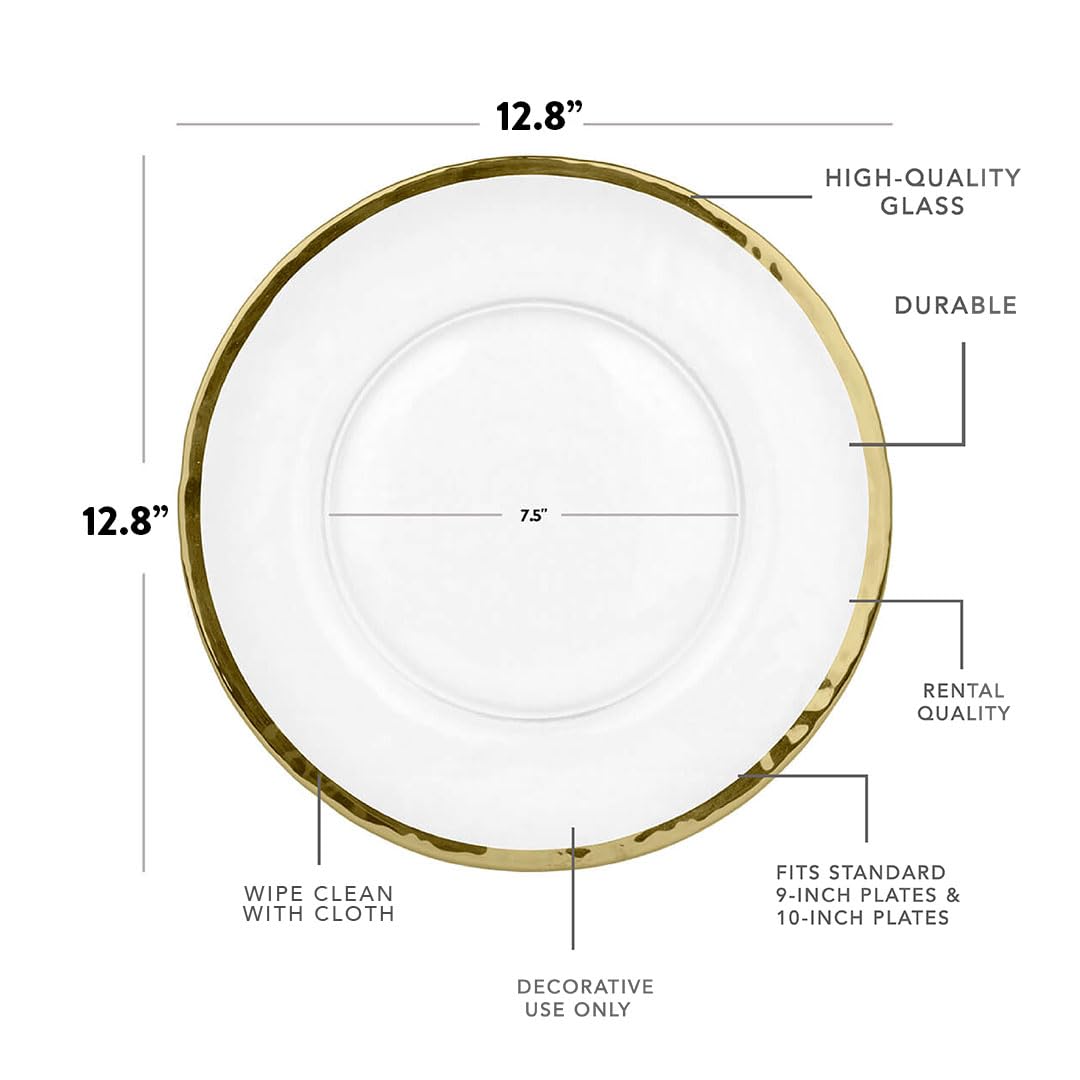 Koyal Wholesale Bulk Clear Glass Gold Rim Charger Plates - Set of 4 Elegant Hammered Glass Dinner Plates for Wedding, Party & Formal Dining Decor