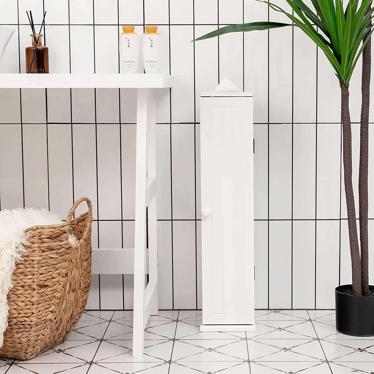 LUARANE Toilet Paper Storage Tower - Free Standing 4-Tier Bathroom Organizer with Detachable Shelves & Door - White Floor Cabinet for Toilet Paper, Towels & Bath Essentials - Perfect for Small Bathrooms, Apartments & Kitchen Storage