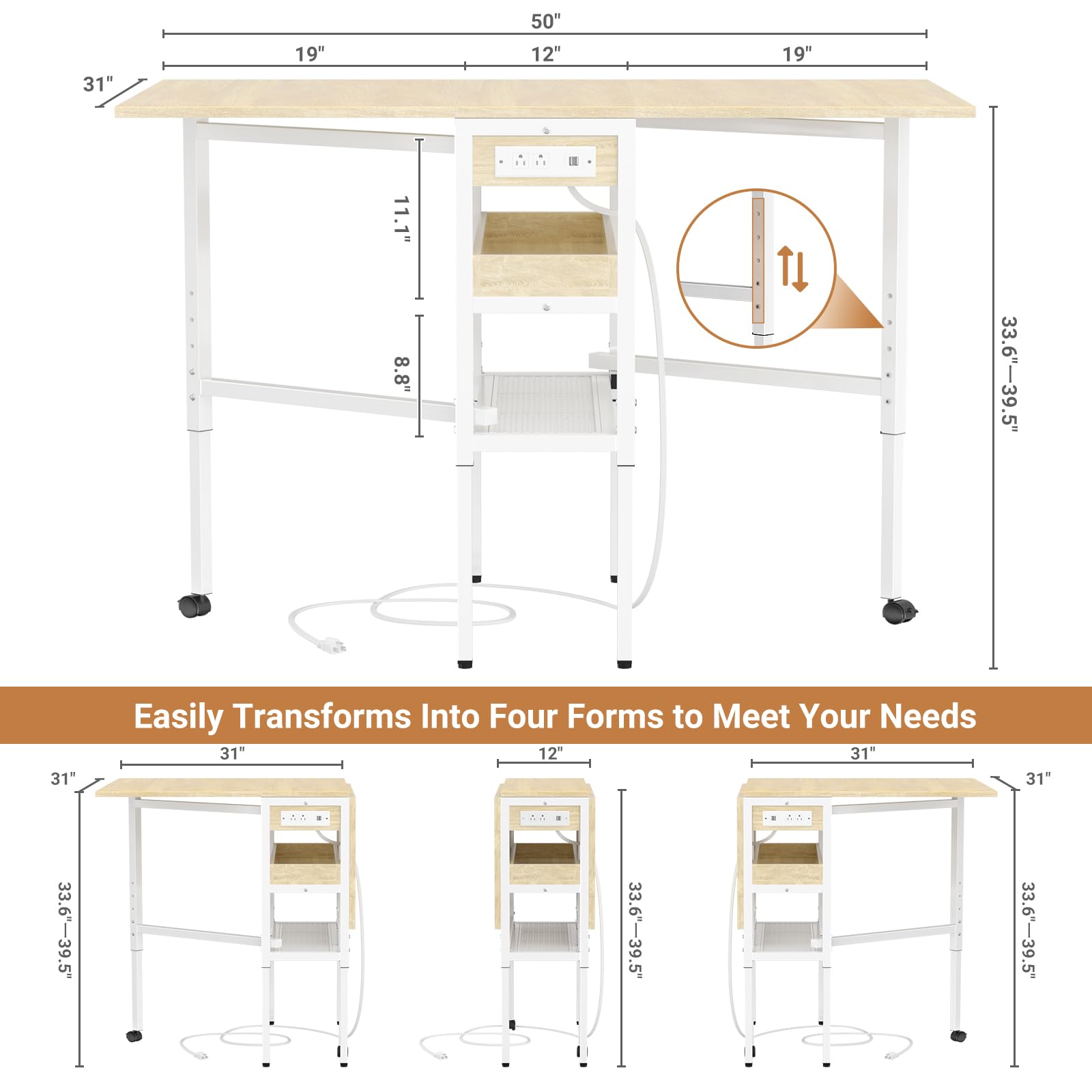 Adjustable Height Folding Sewing Table with USB Charging Station & Storage - 50