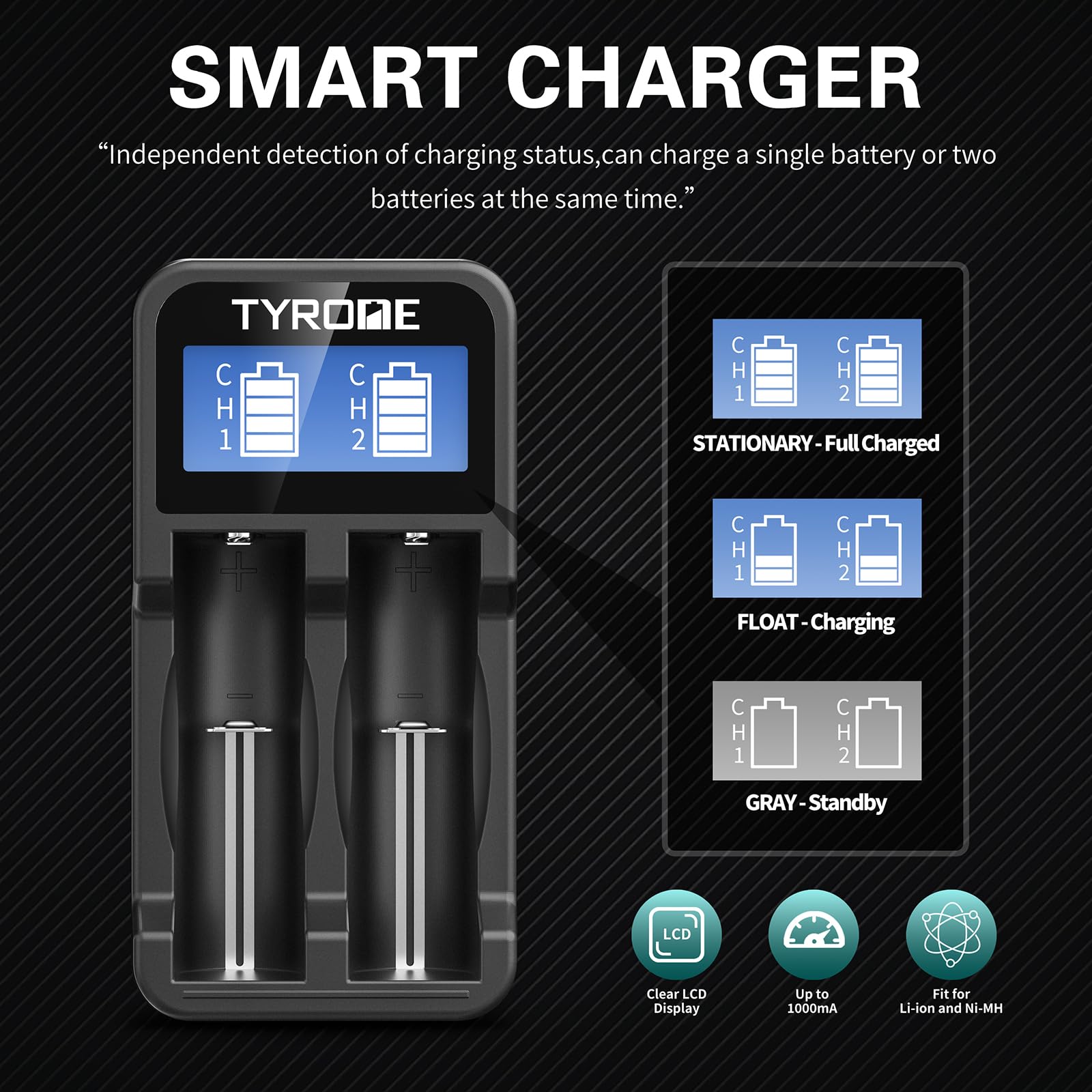 Tyrone 18500 Rechargeable Batteries 4-Pack with Smart Charger - 1500mAh 3.7V Flat Top Lithium Batteries & 2-Port USB Charger for Flashlights, Vape Mods, and Electronic Devices
