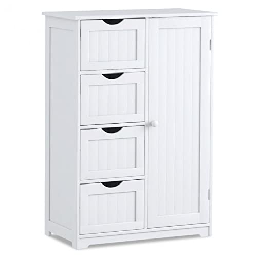 White Wooden Bathroom Storage Cabinet - 4 Drawer Free Standing Floor Organizer with Adjustable Shelf | Perfect for Bathroom, Bedroom & Closet Organization