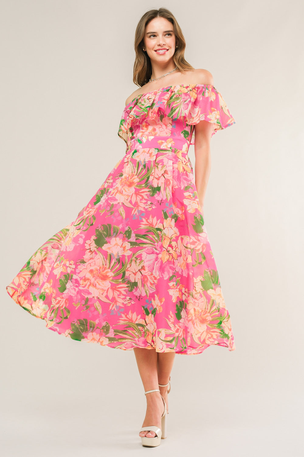 Stylish Fuchsia Flounce Midi Dress for Women - Perfect for Summer Parties, Weddings & Casual Outings