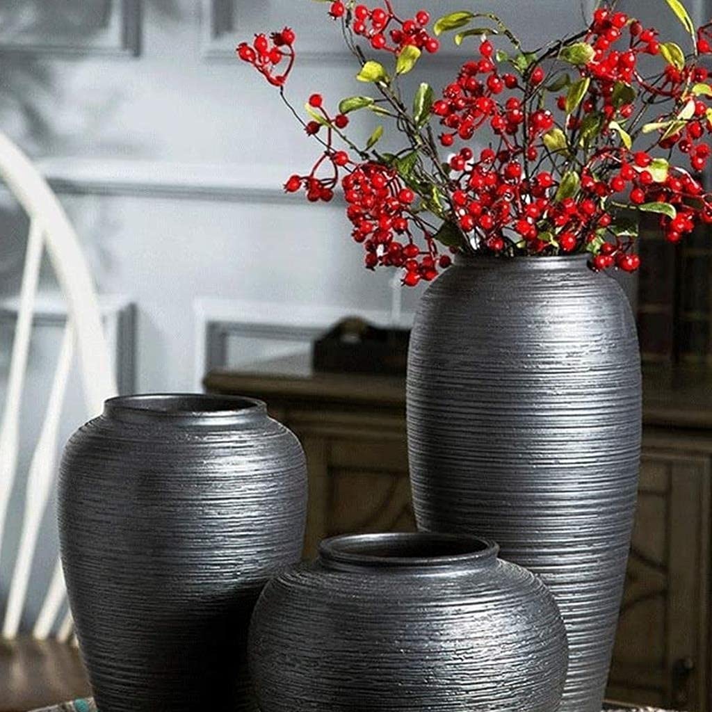 Modern Black Ceramic Vase with Geometric Pattern - Stone Beam Home Decor Flower Vase for Living Room, Dining Table, Office Desk & Wedding Centerpiece (15x32cm)