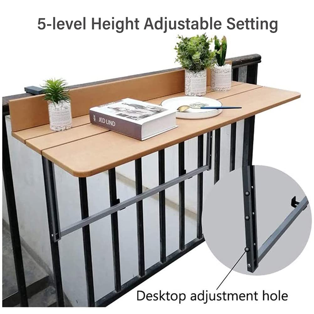 Adjustable Folding Hanging Table for Balcony, Patio & Indoor Use - Space Saving 5-Height Coffee Side Table (60x27cm, Natural) - Perfect for Small Spaces, Apartments, Gardens & Outdoor Dining