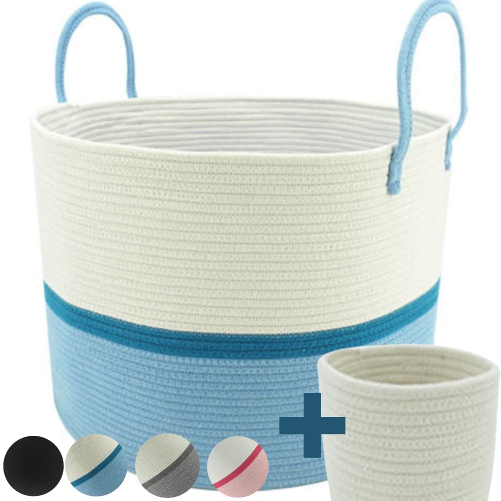 Extra Large Cotton Rope Laundry Basket - XXL Woven Storage Bin for Baby Toys, Nursery, Blankets & Pillows | Decorative Hamper for Living Room, Bedroom & Home Organization | Blue Home Decor Storage Solution
