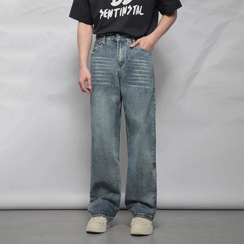 American Style Stretch Waist Jeans for Men - Loose Fit Straight Leg Wide Denim Pants - Summer Casual Fashion Trousers (9C6632) - Perfect for Outdoor Activities, Travel & Everyday Wear