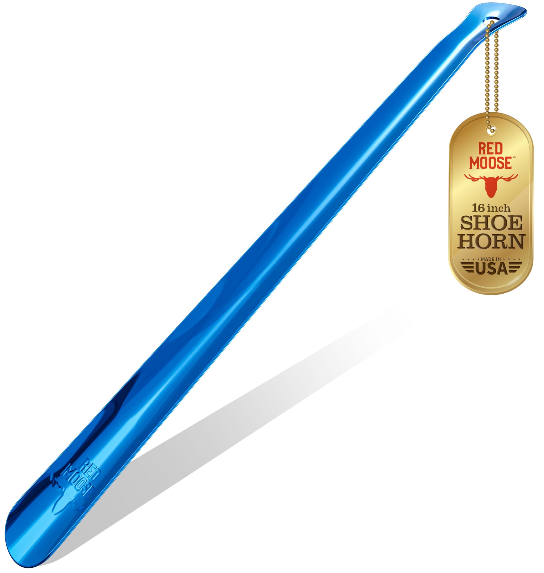 16 Inch Long Metal Shoe Horn with Extended Handle - Premium USA Made Shoe Helper Tool in Cobalt Blue & Red Moose Colors - Perfect for Elderly, Disabled & Fashion Enthusiasts