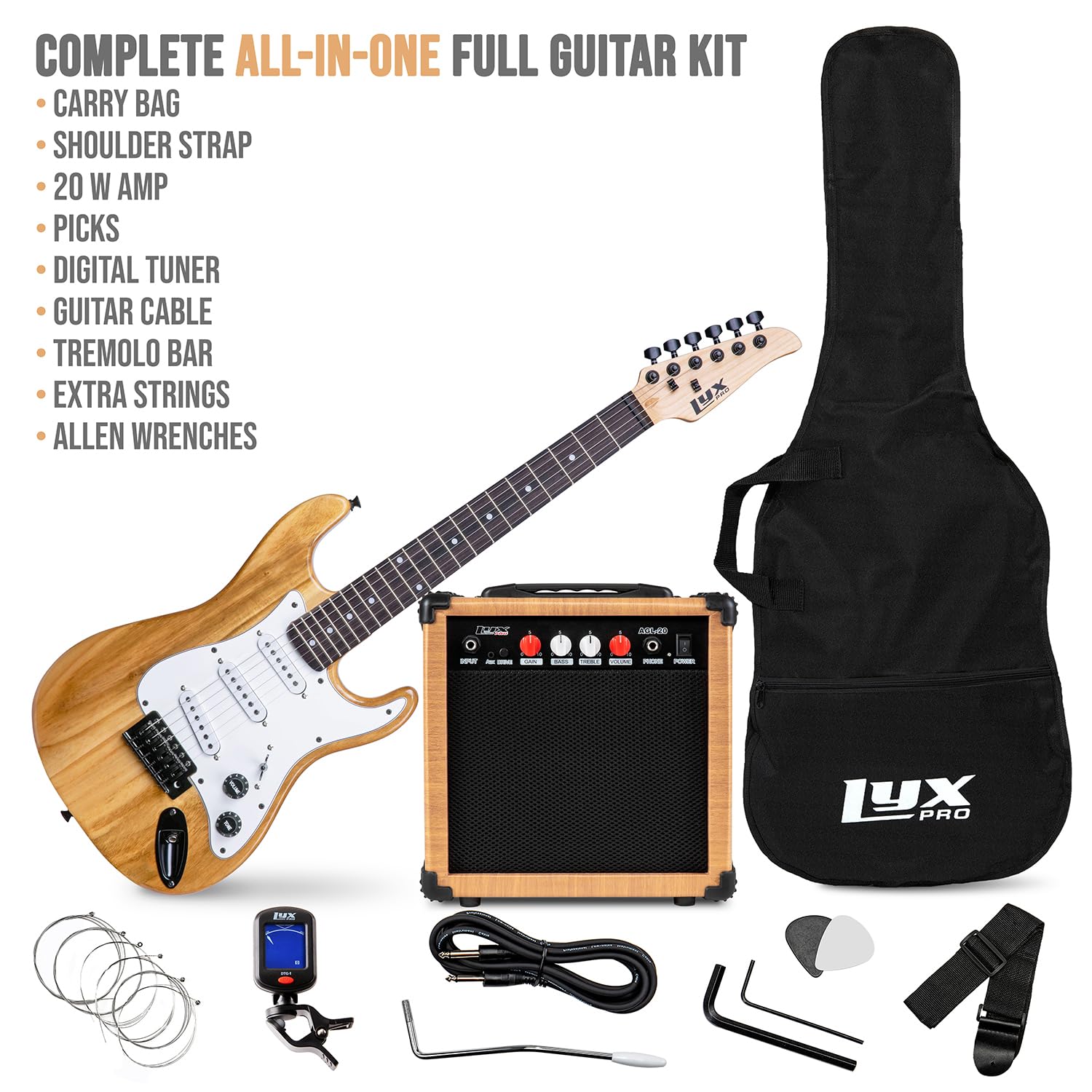 LyxPro 36 Inch 3/4 Size Electric Guitar Kit for Beginners - Natural Finish with Amp, Digital Tuner, Gig Bag, Strap & Accessories | Perfect for Kids & Teens Learning Guitar at Home, School or Music Lessons