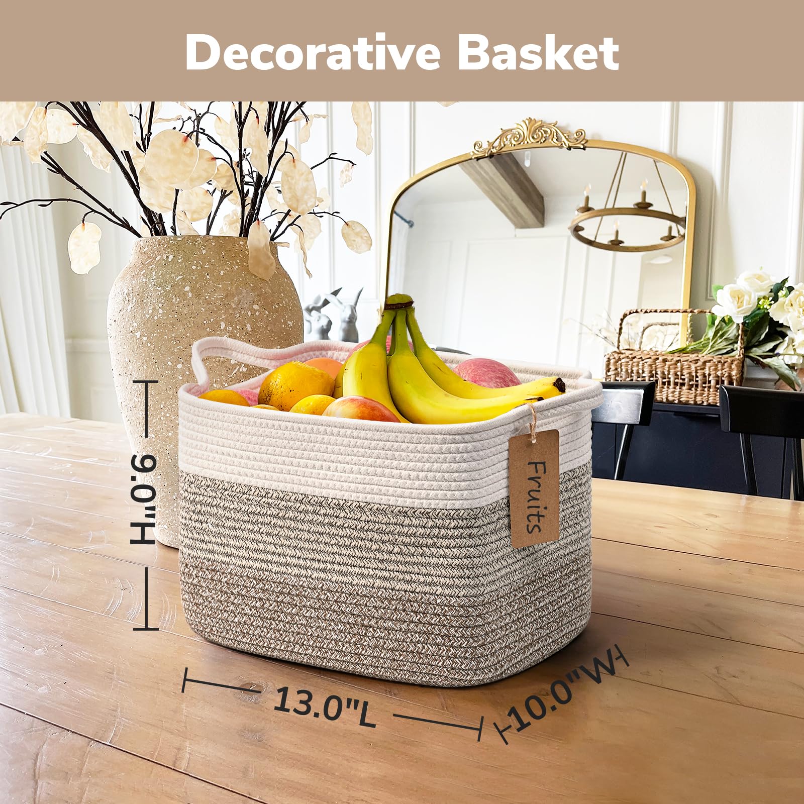 Goodpick Woven Storage Baskets 3-Pack - Nursery, Toy & Home Organizer - White & Brown, 13x10x9in