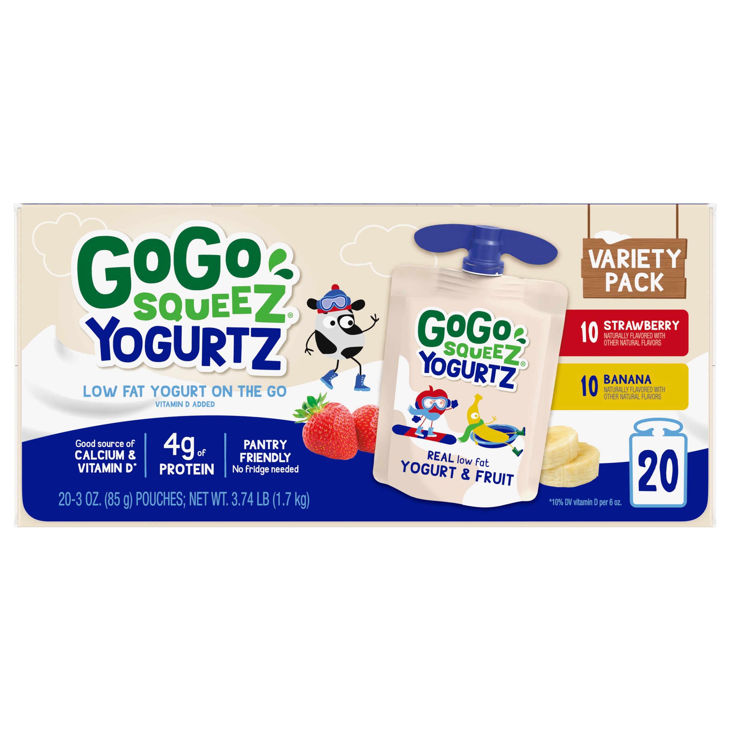 GoGo squeeZ Yogurt Variety Pack - Strawberry & Banana Flavored, 3oz Pouch (20 Pack) | Healthy Kids Snacks Made with Real Yogurt & Fruit | No Refrigeration Needed, Gluten Free, Nut Free, BPA Free | Perfect for School Lunches, Road Trips & On-the-Go Snacking