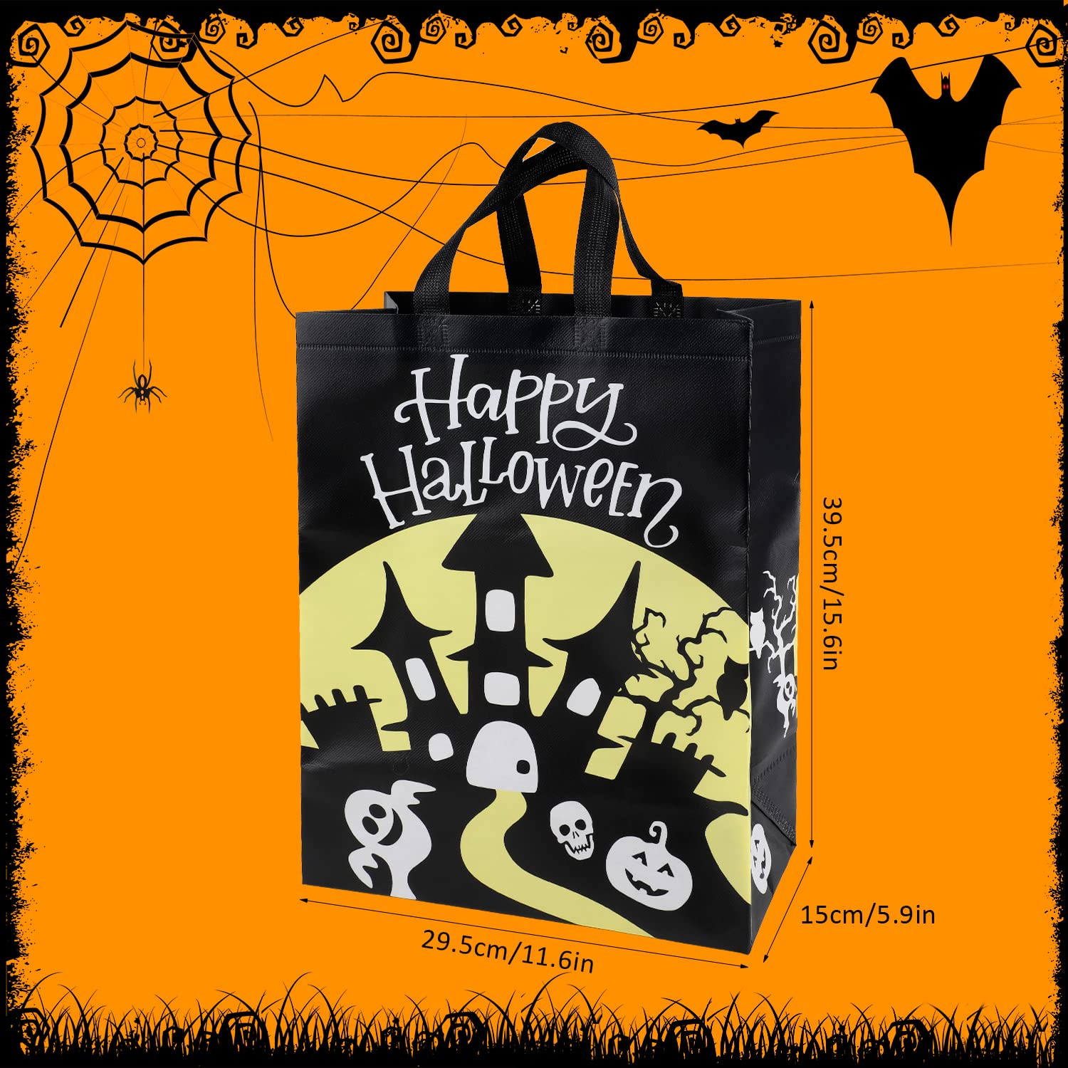 6 Pack Halloween Trick or Treat Bags - Large Reusable Non-Woven Candy Tote Bags with Handles (15.6