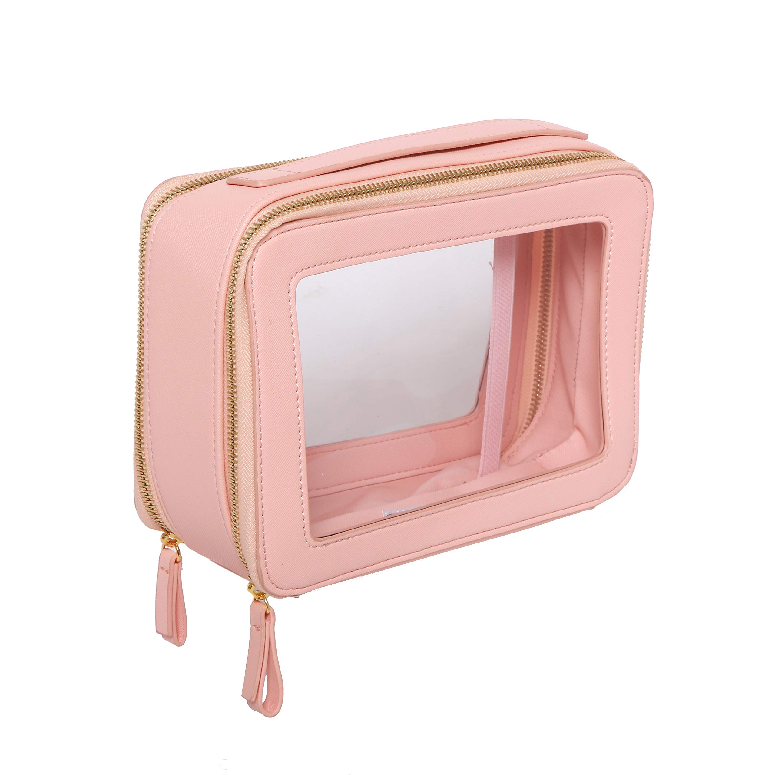 ZOOX Clear Jetset Large Makeup Bag for Travel - 2-Layer Cosmetic Organizer with Compartments, Pink TSA Approved Toiletry Case - Perfect for Airplane Carry-on & Vacation Essentials Storage