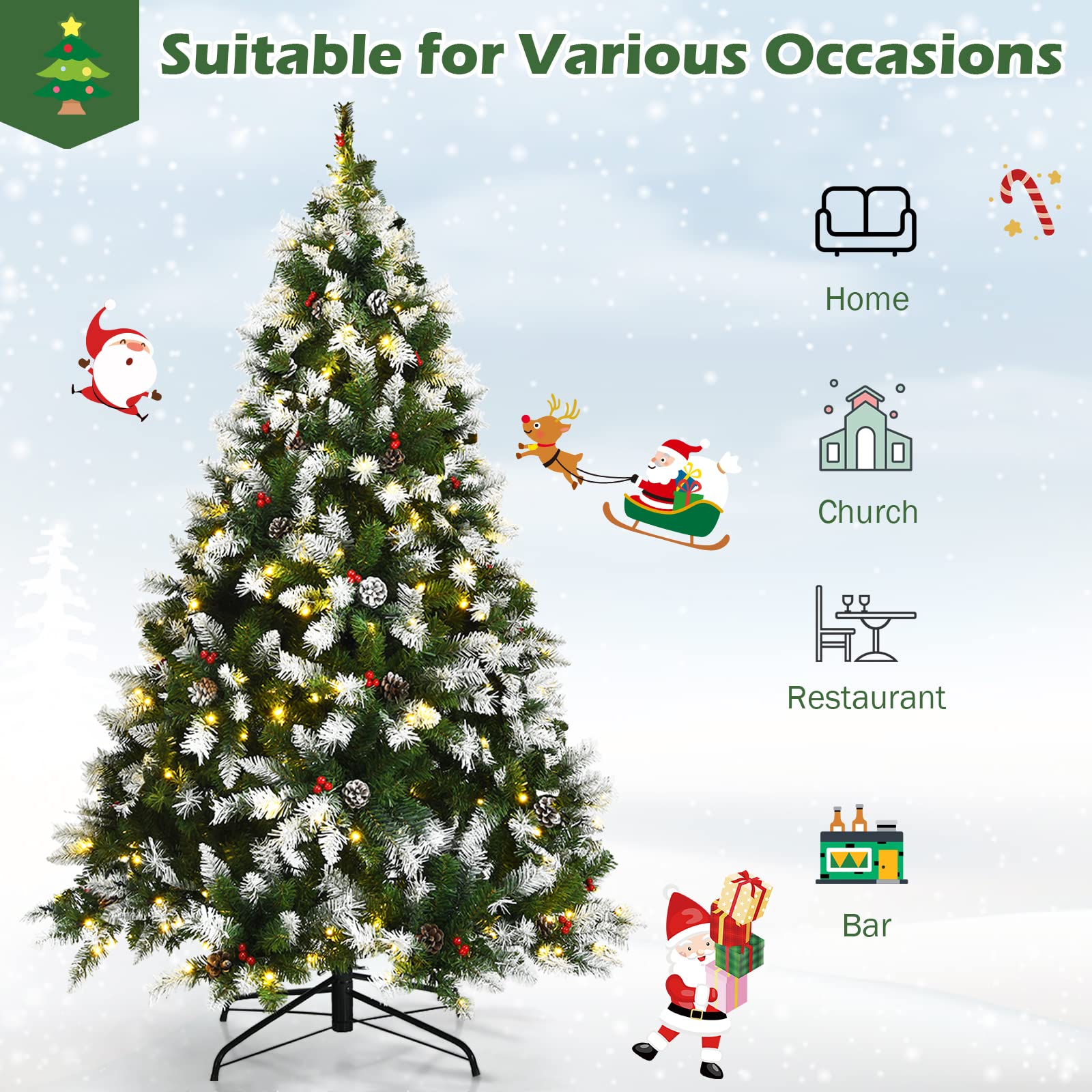 GOFLAME 6ft Pre-Lit Snow Flocked Artificial Christmas Tree with 250 Warm White LED Lights, 8 Lighting Modes, Hinged Branches & Sturdy Metal Stand - Perfect for Living Room, Office, and Holiday Festival Indoor Decorations