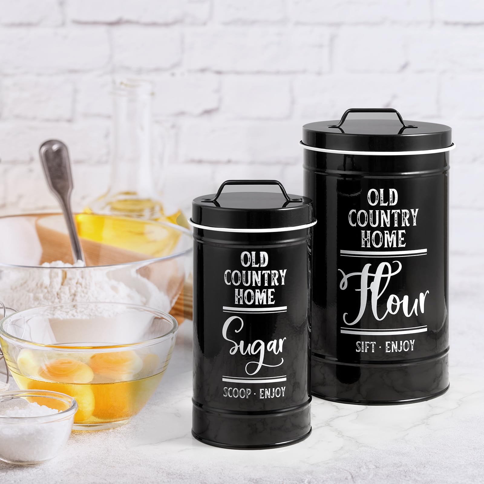 Black Airtight Kitchen Canisters Set of 4 - Flour, Sugar, Tea & Coffee Storage Containers for Countertop, Modern Black Kitchen Decor and Accessories for Baking and Organizing