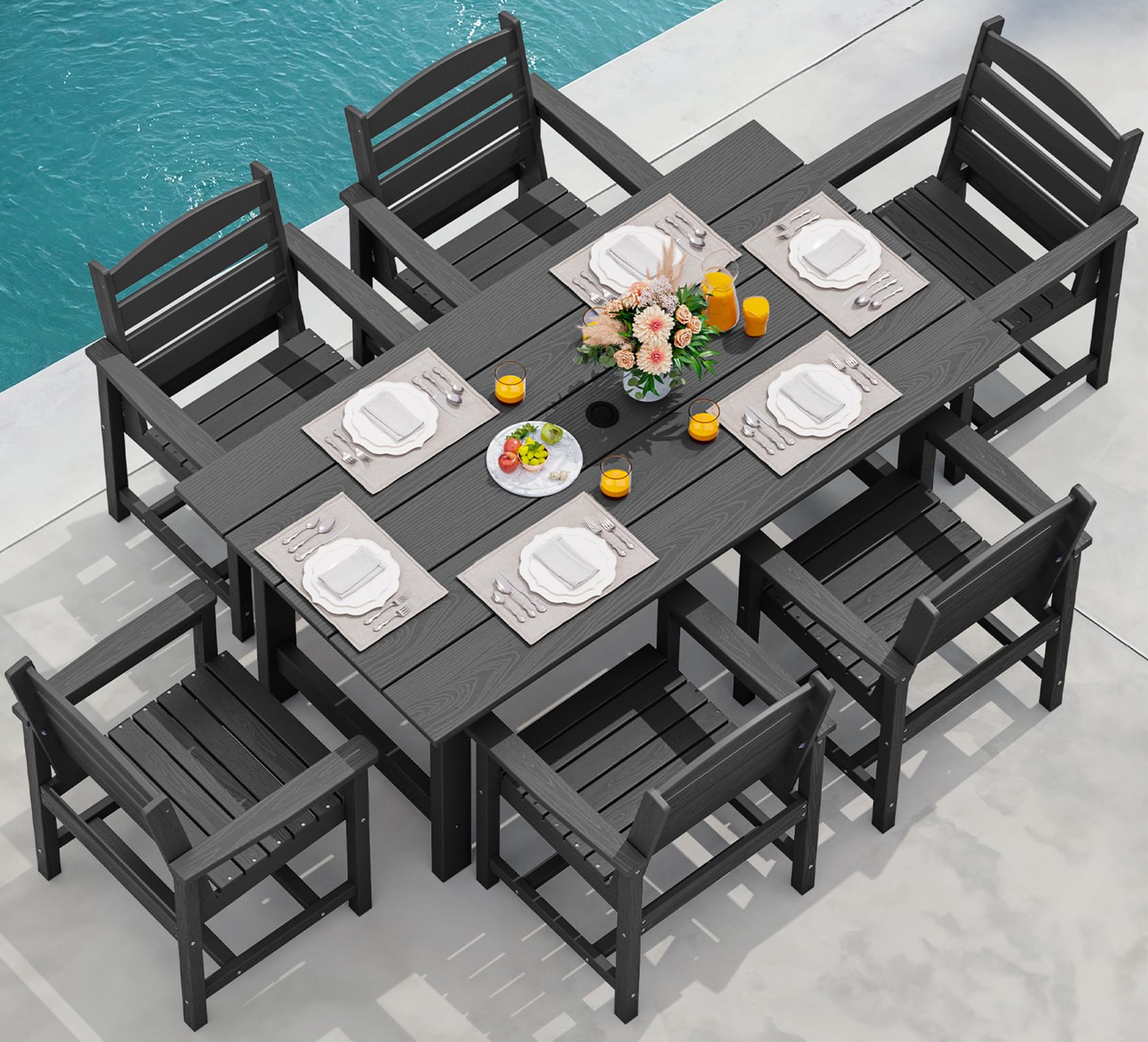 SERWALL 7-Piece Outdoor Patio Dining Set - HDPE Weather-Resistant Table with Umbrella Hole & 6 Chairs - Black - Perfect for Backyard, Garden, Poolside & BBQ Gatherings