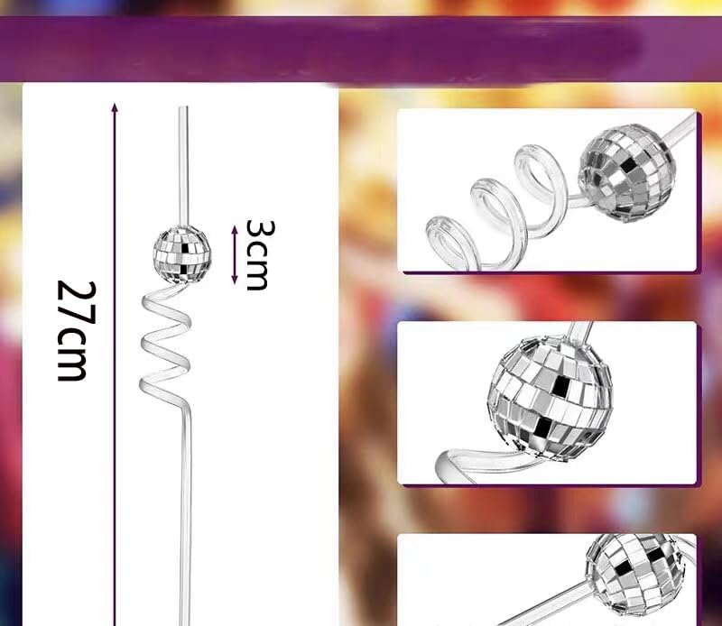 12PCS Silver Mirror Disco Ball Straws with Glitter - Fun Drinking Straws for Parties, Weddings, Birthdays & Dance Events - Perfect for Cocktails, Mocktails & Celebrations