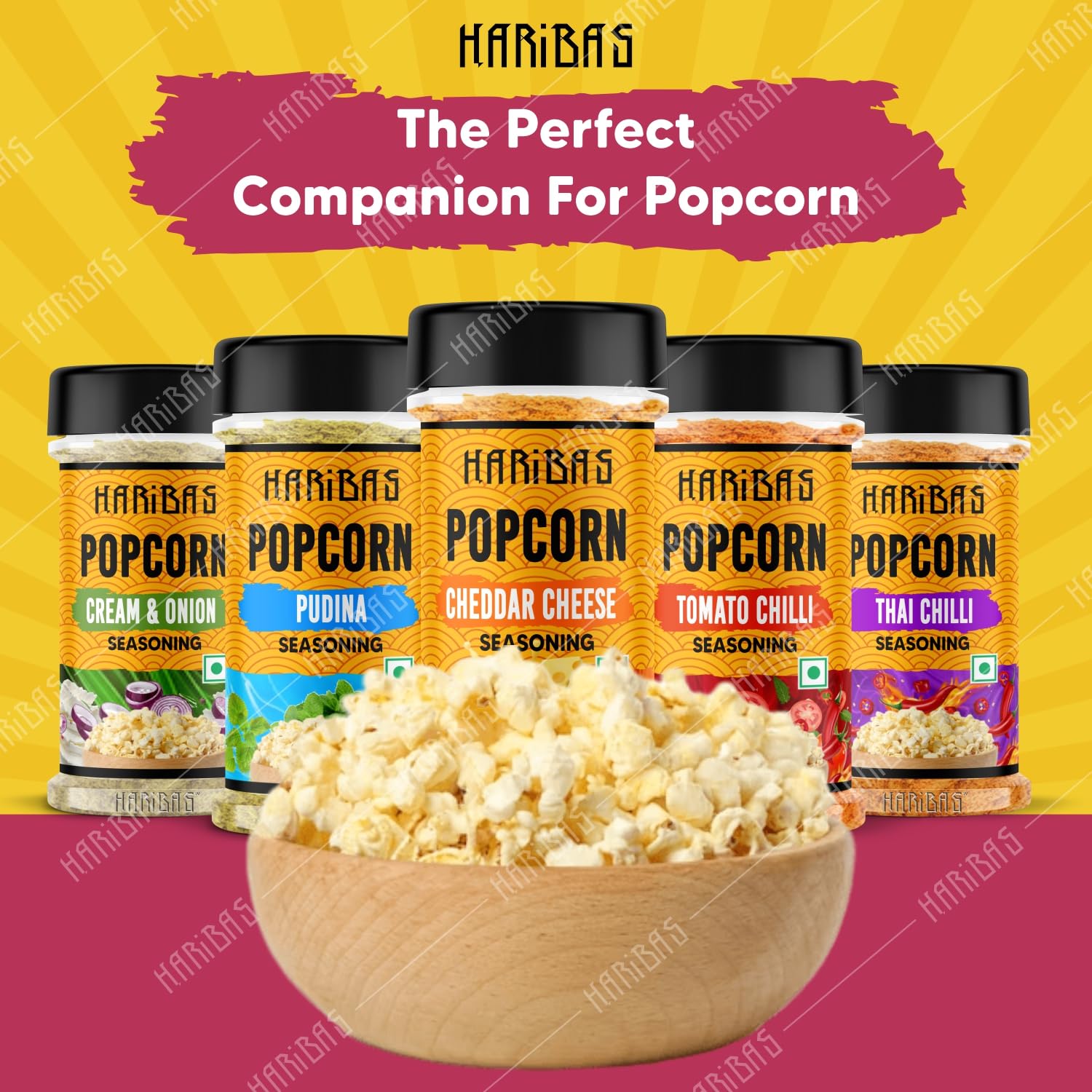 HARIBAS 5-Pack Popcorn Seasoning Powder Variety Set - Cheddar Cheese, Cream Butter & Onion, Tomato Chili, Thai, Pudina (50g Each) | Sprinkle on Popcorn, Nachos, French Fries, Maggie Noodles | Perfect for Movie Nights, Parties & Snack Time
