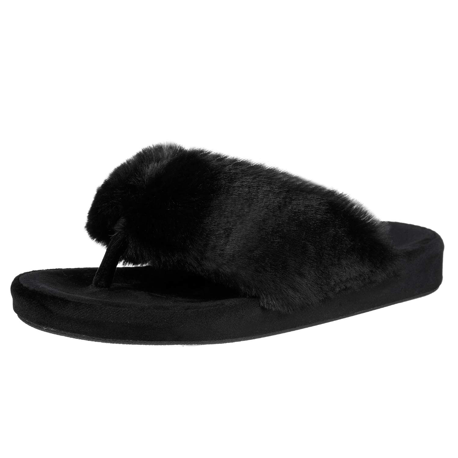 Women's Fuzzy Flip Flop Slippers with Arch Support & Memory Foam - Orthopedic Thong Sandals for Home, Spa & Indoor Comfort