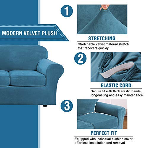 H.VERSAILTEX 3-Piece Stretch Velvet Sofa Slipcover - Soft Plush Couch Cover for 2-Cushion Couches up to 90