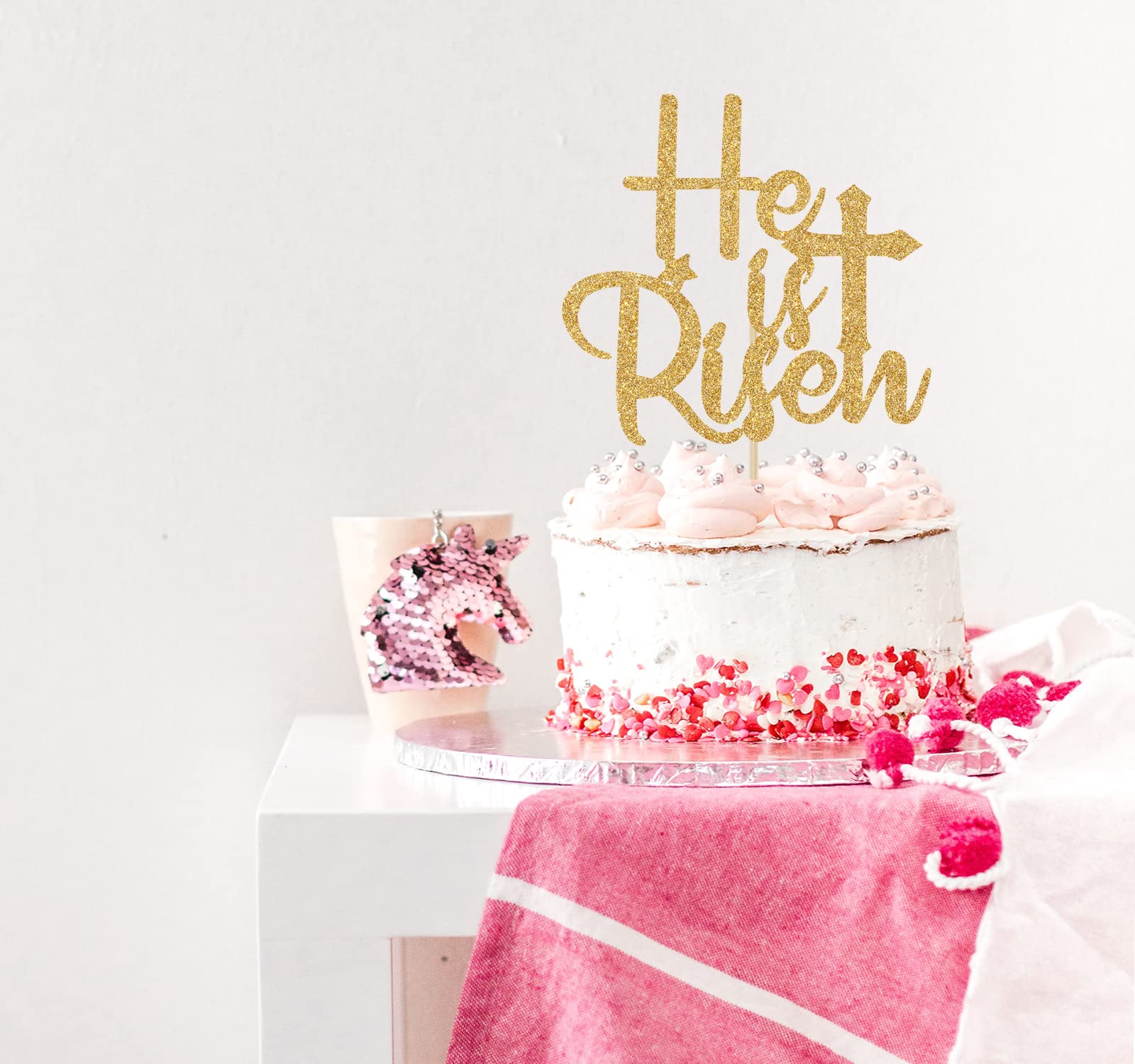 He is Risen Cake Topper - Gold Glitter Jesus Cross Easter Cake Decorations for Easter Party Supplies & Religious Celebration