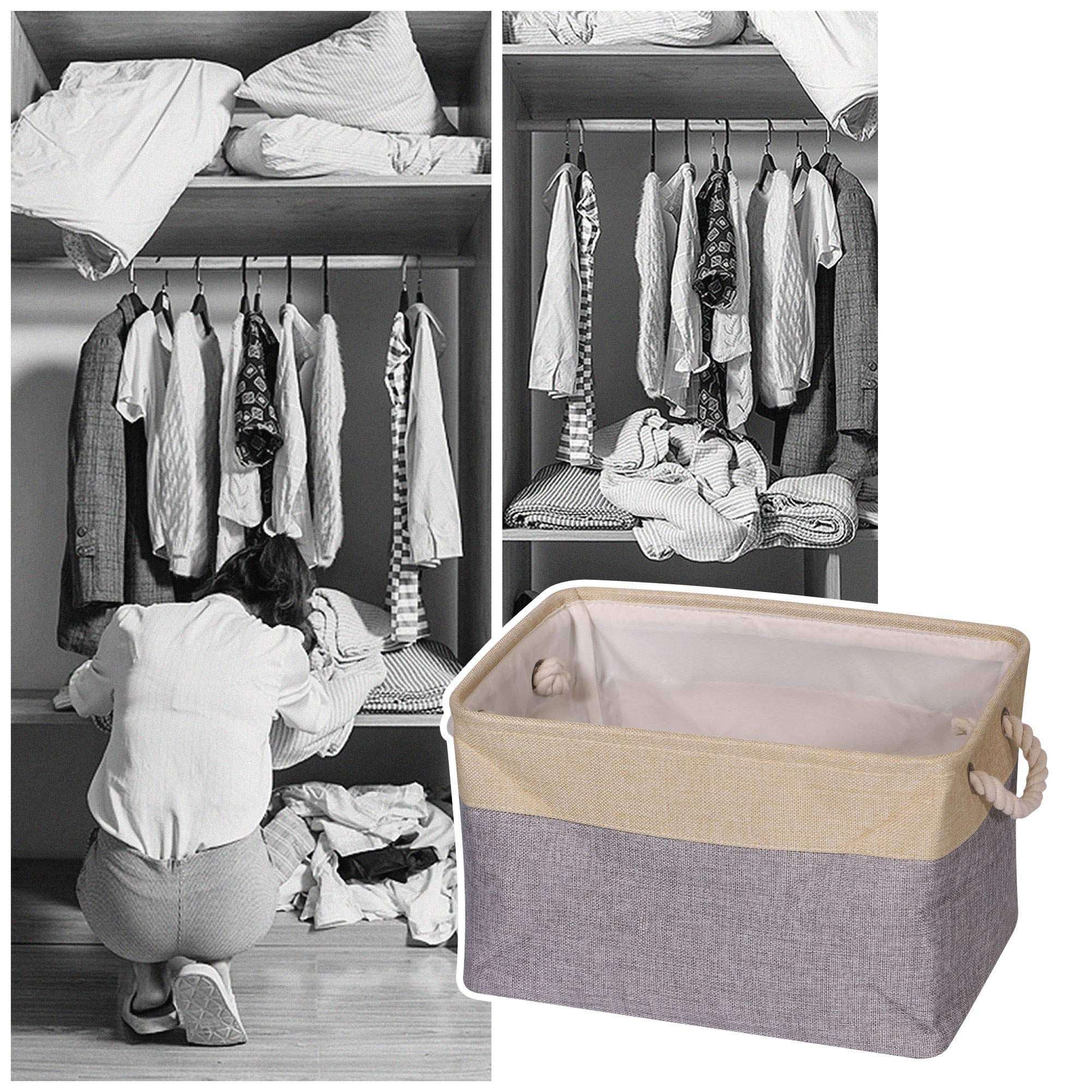 Set of 4 Large Foldable Storage Baskets - Collapsible Fabric Cube Organizer with Handles for Closet, Home, Office, Nursery | Grey & Beige | Perfect for Clothes, Toys, Blankets & Home Organization