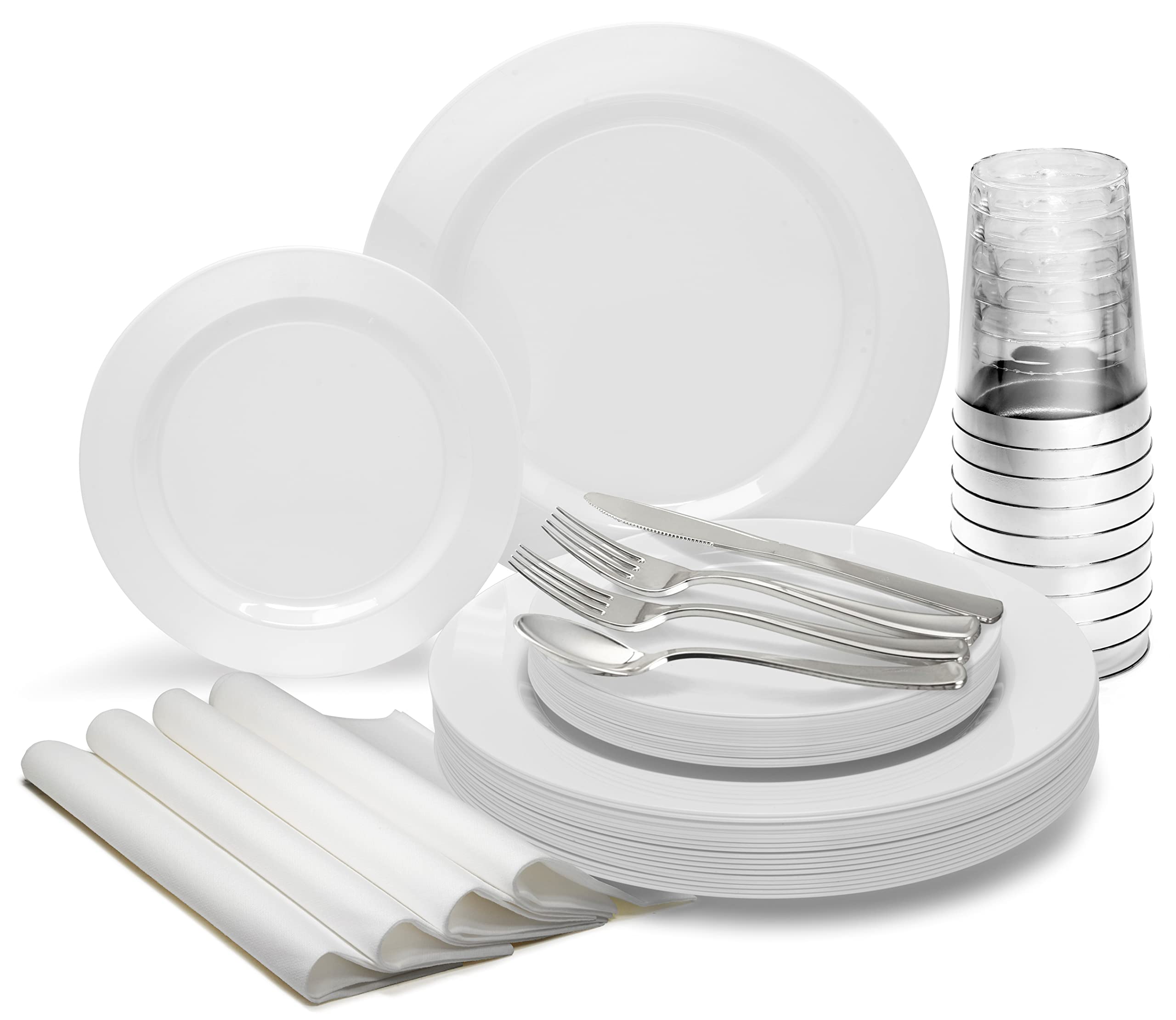 960-Piece Heavyweight Disposable Plastic Plate Set for Weddings & Parties (120 Guests) - Includes 10.5'' & 7.5'' Plates, Silverware, Cups & Linen-Like Napkins - Elegant White Tableware for Wedding Receptions, Bridal Showers & Large Events