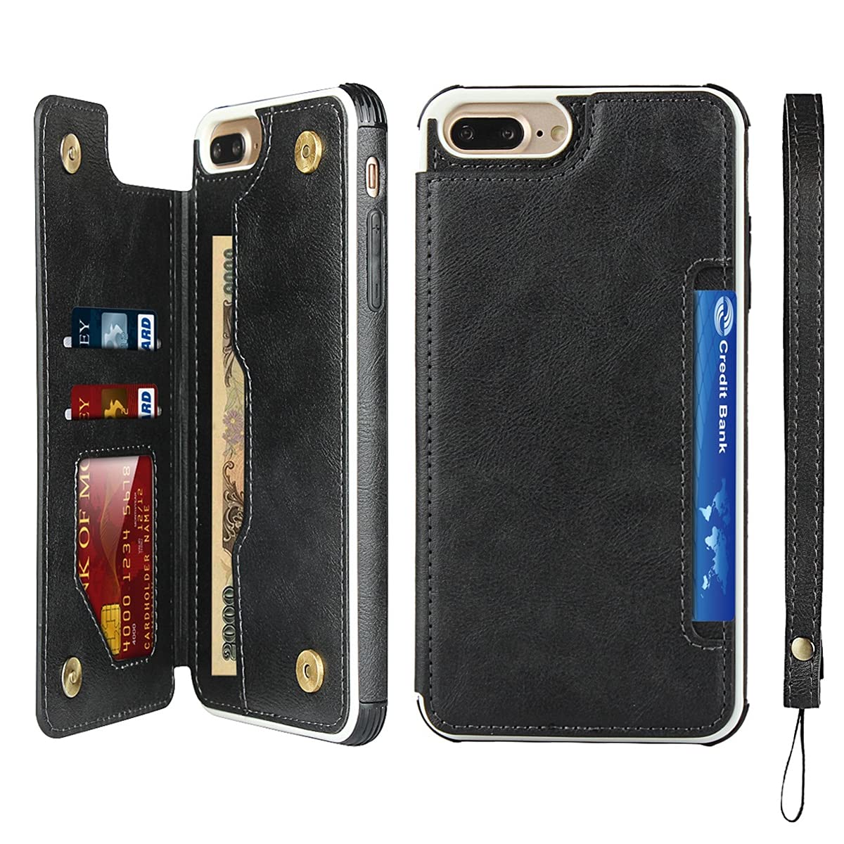 EYZUTAK Shockproof Flip Wallet Case for iPhone SE (5G) 2022 / iPhone 7 / iPhone 8 / iPhone SE 2020 - Protective Bumper Cover with Snap Button, Card Pocket & Lanyard (Black) - Perfect for Daily Use, Travel & Hands-Free Convenience