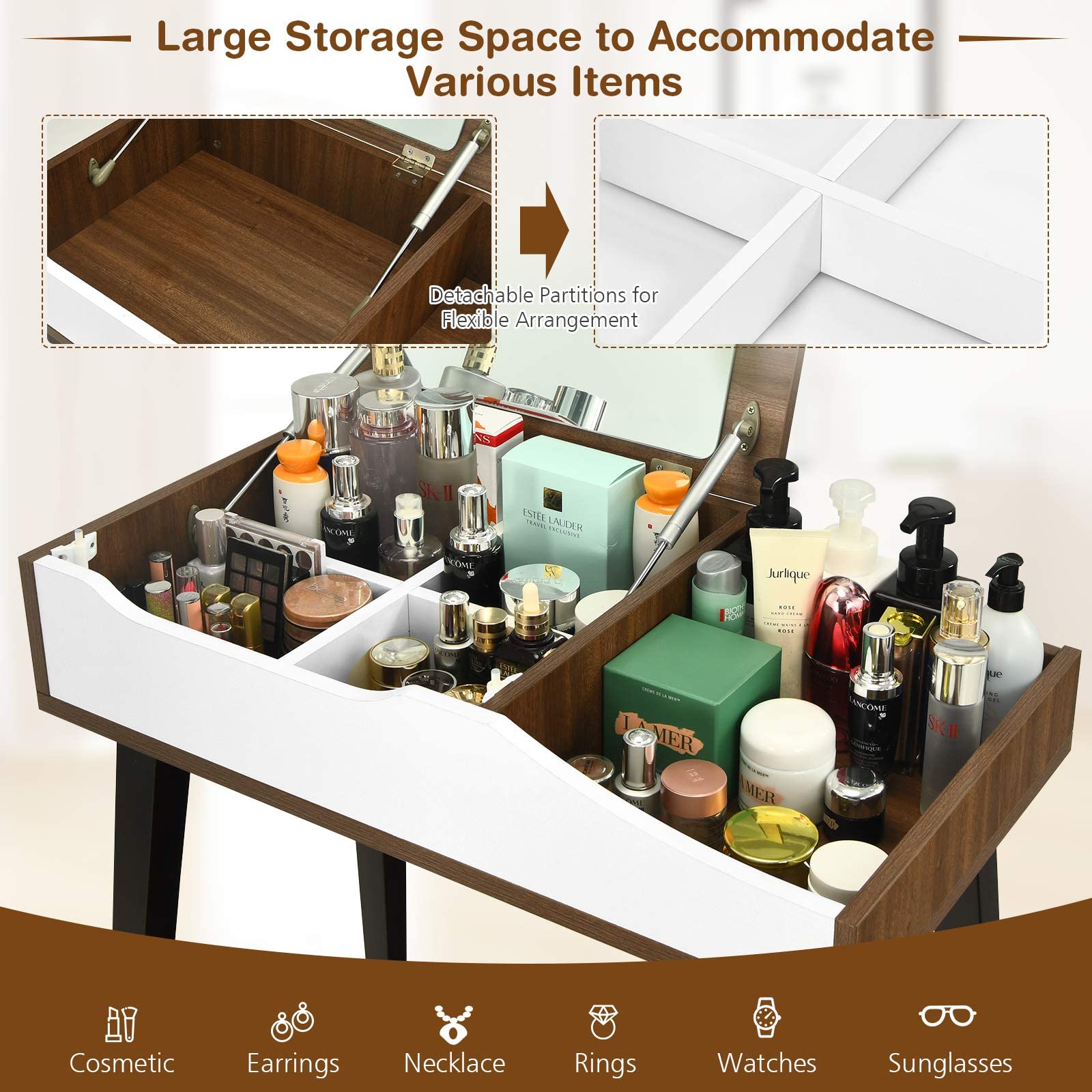 Charmaid Vanity Desk with Flip Top Mirror, Storage Compartments & Removable Dividers - Wooden Makeup Dressing Table & Writing Desk with Stool for Women, Girls & Kids - Perfect for Bedroom, Nursery & Home Office Organization