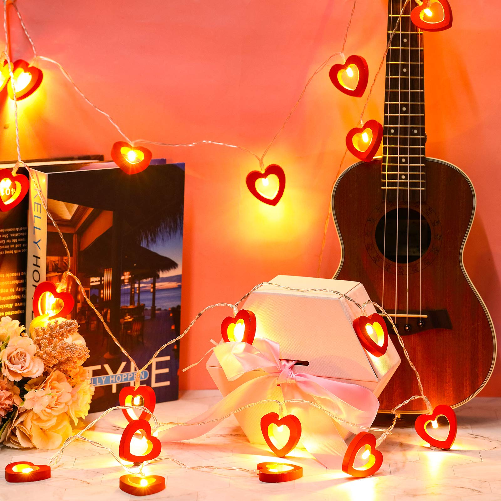 Valentine's Day LED Wooden Heart String Lights - 20 Warm White Battery Operated Fairy Lights for Bedroom, Wedding, Birthday Party & Romantic Decor - Waterproof Hanging Love Lamp (Red) | Perfect for Indoor/Outdoor Valentine's Day, Anniversary & Holiday Decorations