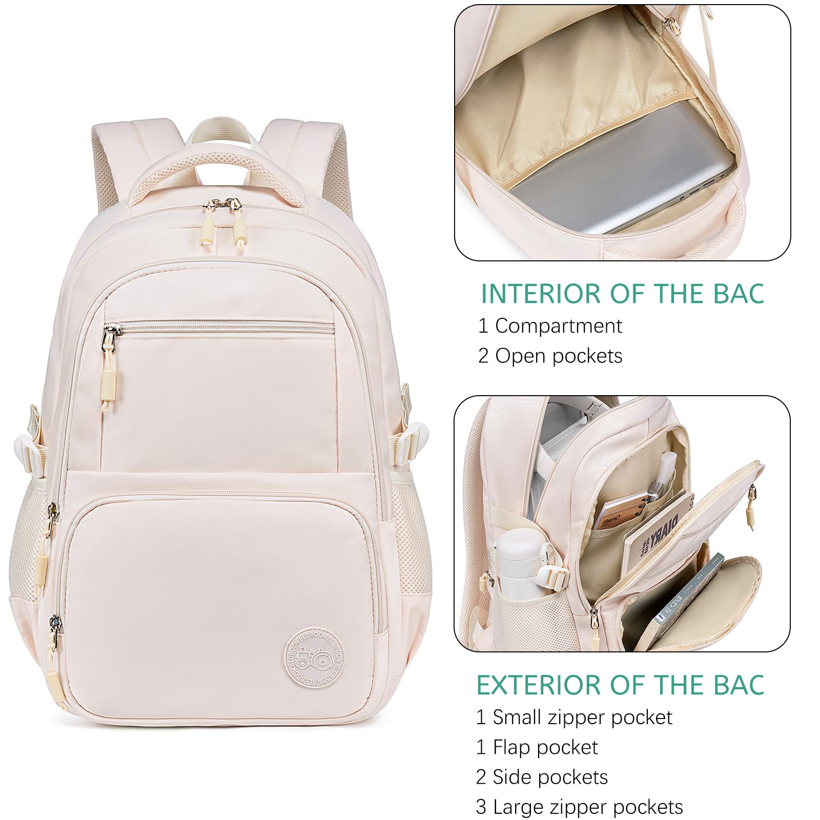 Bluboon Cute Backpack for School Girls Ages 8-12 - Lightweight Bookbag with Multiple Pockets, Durable School Supplies Backpack (Beige) - Perfect for School, Travel & Daily Use