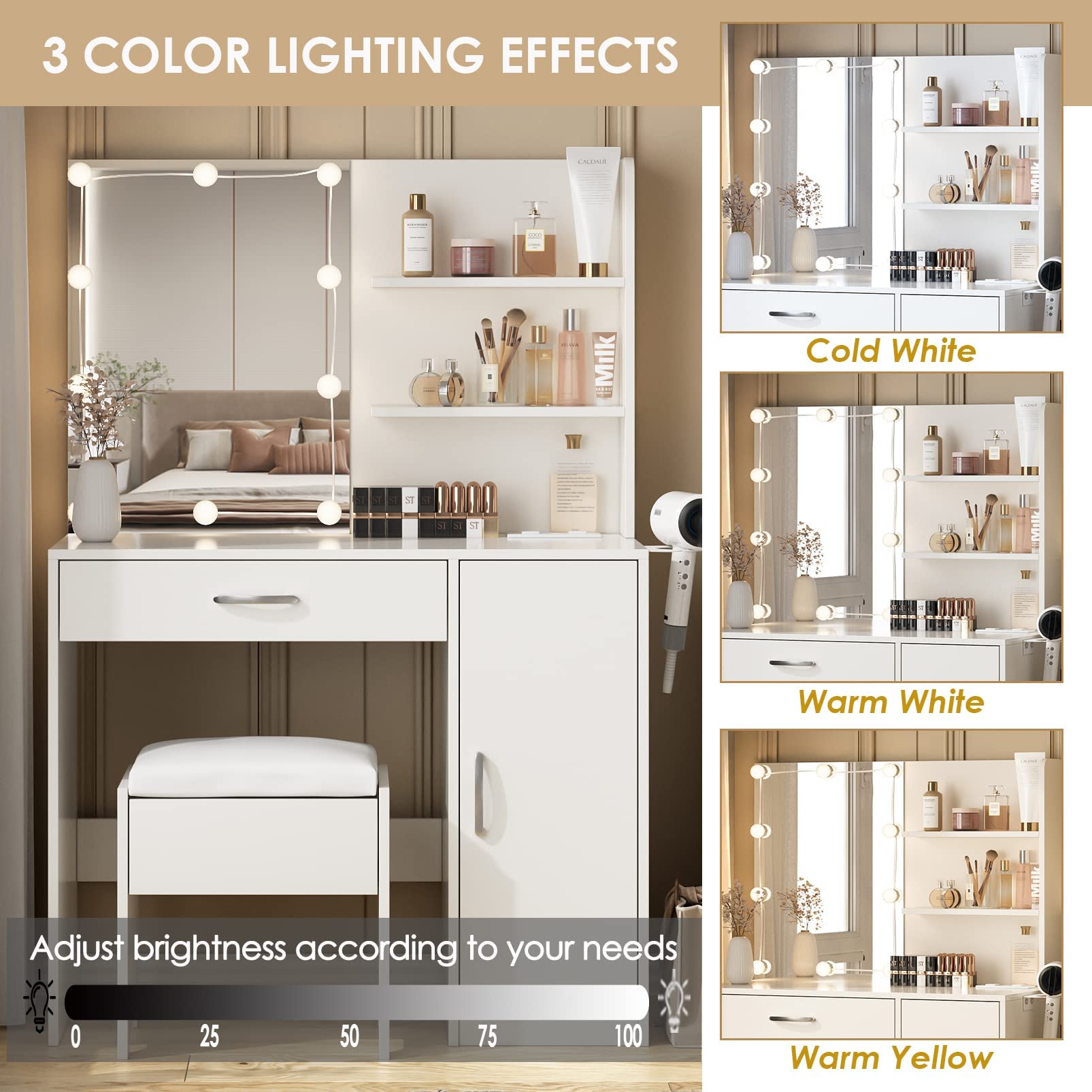 Lighted Makeup Vanity Desk with Mirror & Power Outlet - 35