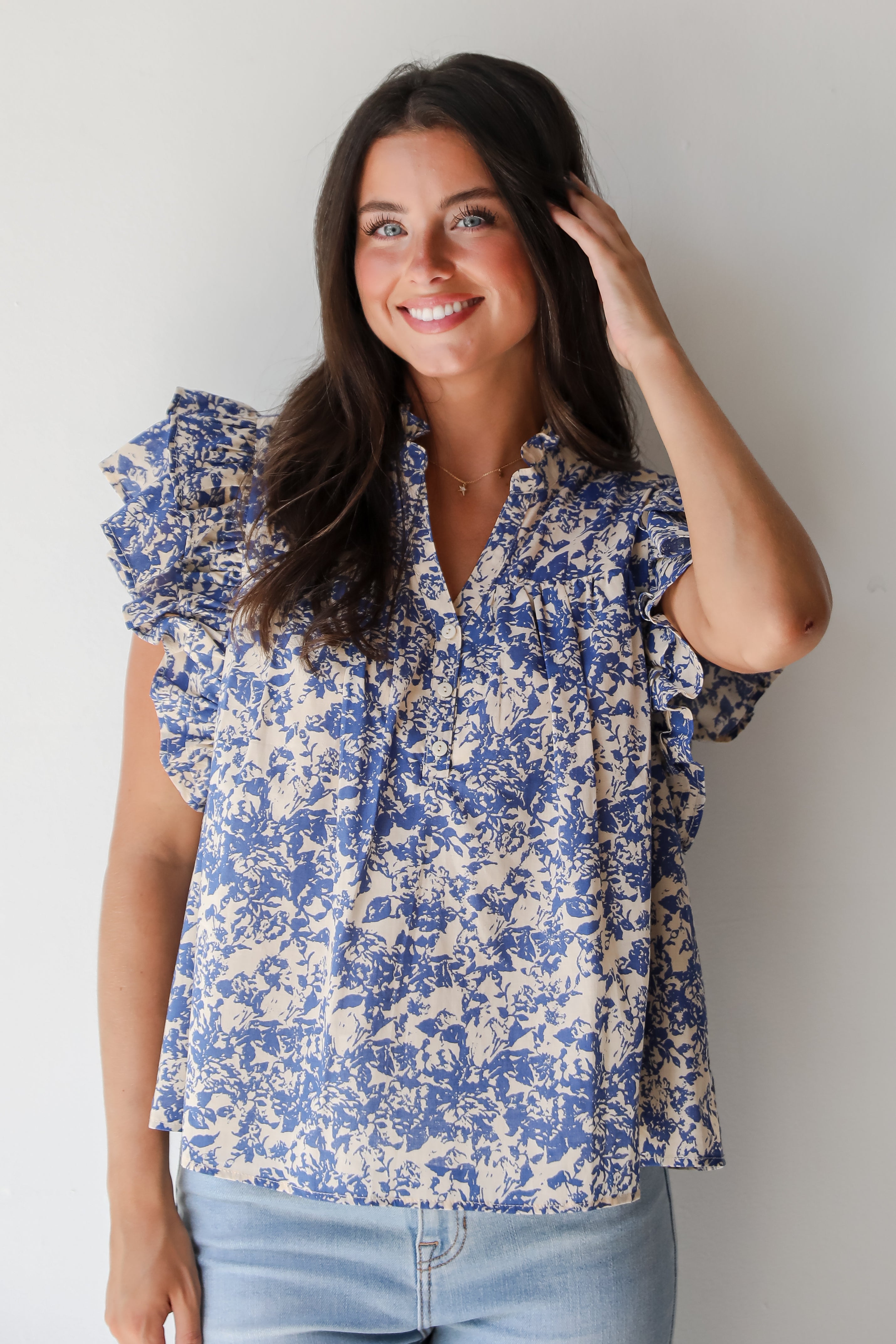 Elegant Blue Floral Blouse for Women - Stylish Flowy Top with Floral Print - Perfect for Casual Outings, Office Wear & Date Nights