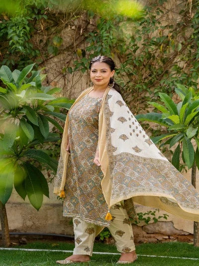 Plus Size Light Brown Cotton Printed Ready-Made Salwar Suit for Women | Comfortable Ethnic Wear for Festivals & Special Occasions