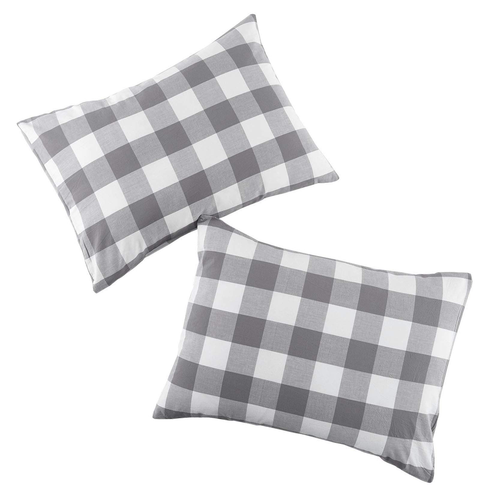 Wake In Cloud - 100% Washed Cotton Plaid Pillowcases Set of 2, Buffalo Check Gingham Checkered Farmhouse Style, Standard Size 20x26 Inches (Gray White) - Perfect for Bedroom, Living Room & Home Decor