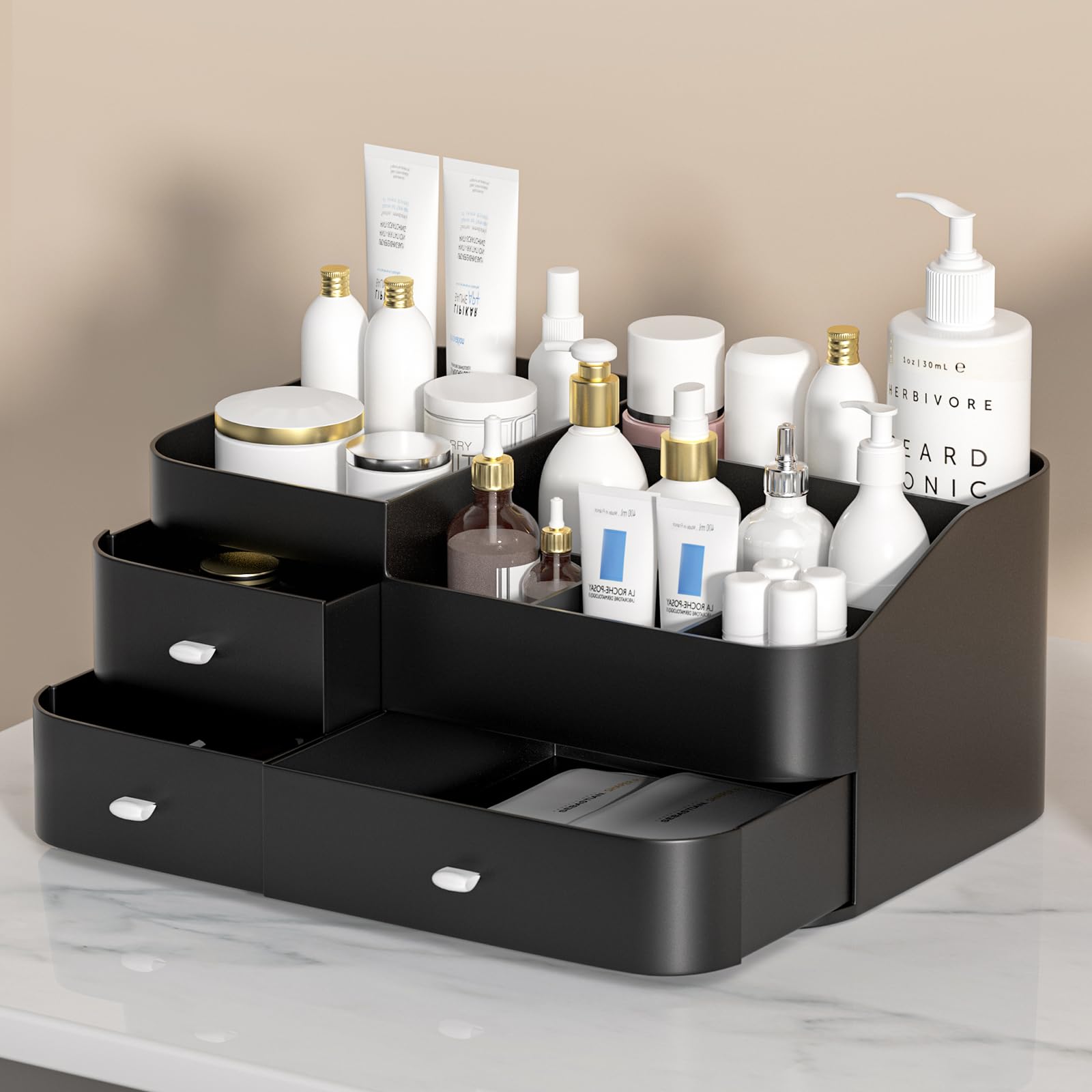 Large Capacity Makeup Organizer with Drawers - Vanity Cosmetic Storage for Lipsticks, Jewelry, Nail Care & Skincare | Black Desk Organizer for Bedroom & Bathroom Countertops | Perfect for Daily Beauty Routine & Travel Organization
