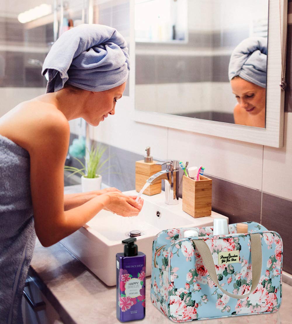 **Leakproof Floral Cosmetic Bag for Women - Large Navy Rose Toiletry Organizer with Multiple Pockets | Perfect for Travel, Gym & Makeup Storage**