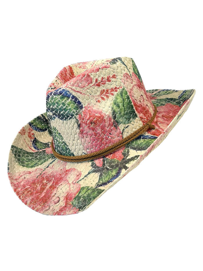 Rockmount 2131 Women's Floral Print Western Cowgirl Straw Hat - Pink & Green Sun Hat for Summer Outdoor, Beach, Country Music Festivals & Rodeo Events