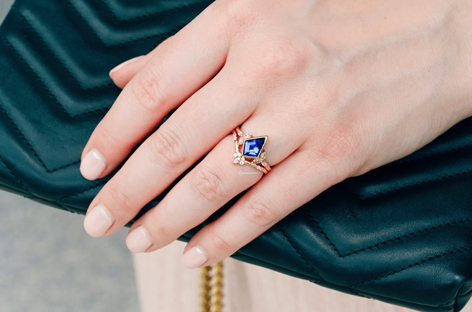 14K Rose Gold Vermeil Blue Sapphire Ring Set for Women - Elegant Jewelry Gift for Anniversary, Engagement & Special Occasions