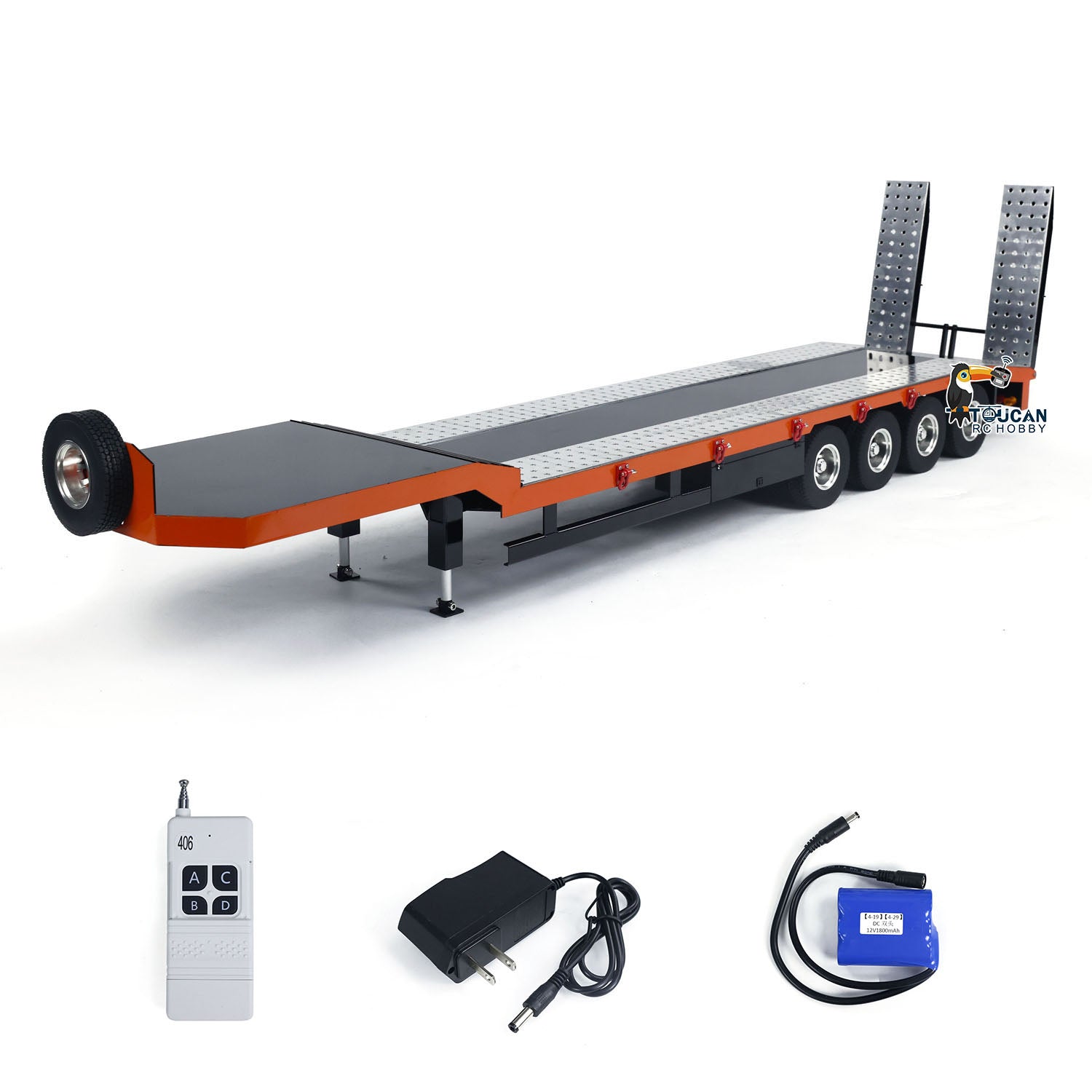 1:14 Scale 4 Axle Metal RC Trailer for Tractor Trucks - Electric Tailgate, Adjustable Legs, Pre-Painted & Assembled DIY Model - Perfect for RC Car Enthusiasts & Collectors